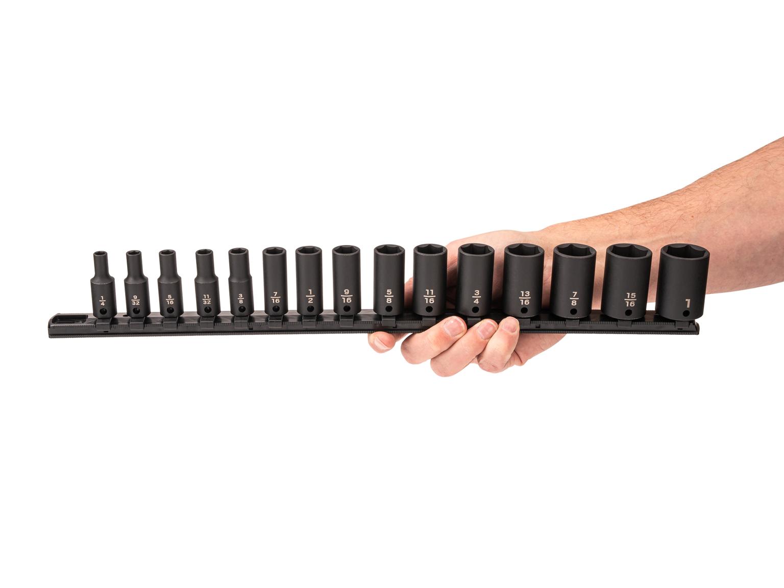 Person holding Tekton impact drive 6-point socket set. Item #SID91118