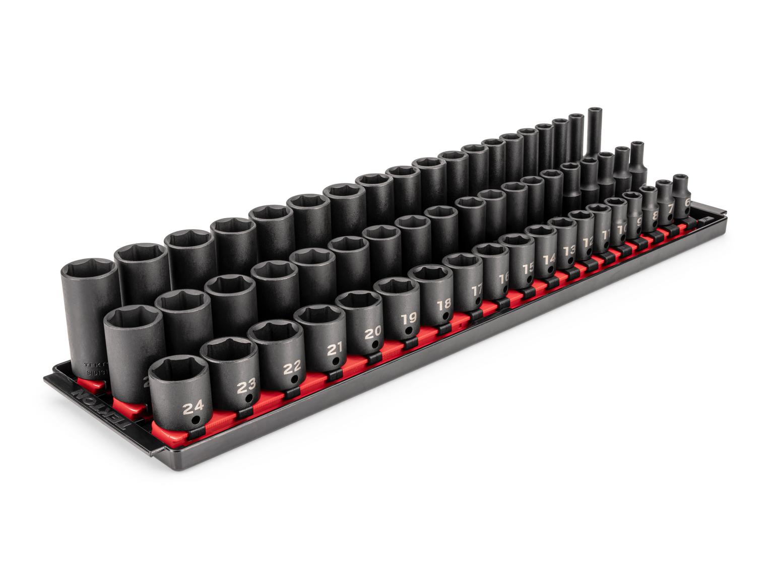 Front-right angle view of Tekton impact drive 6-point socket set. Item #SID91121