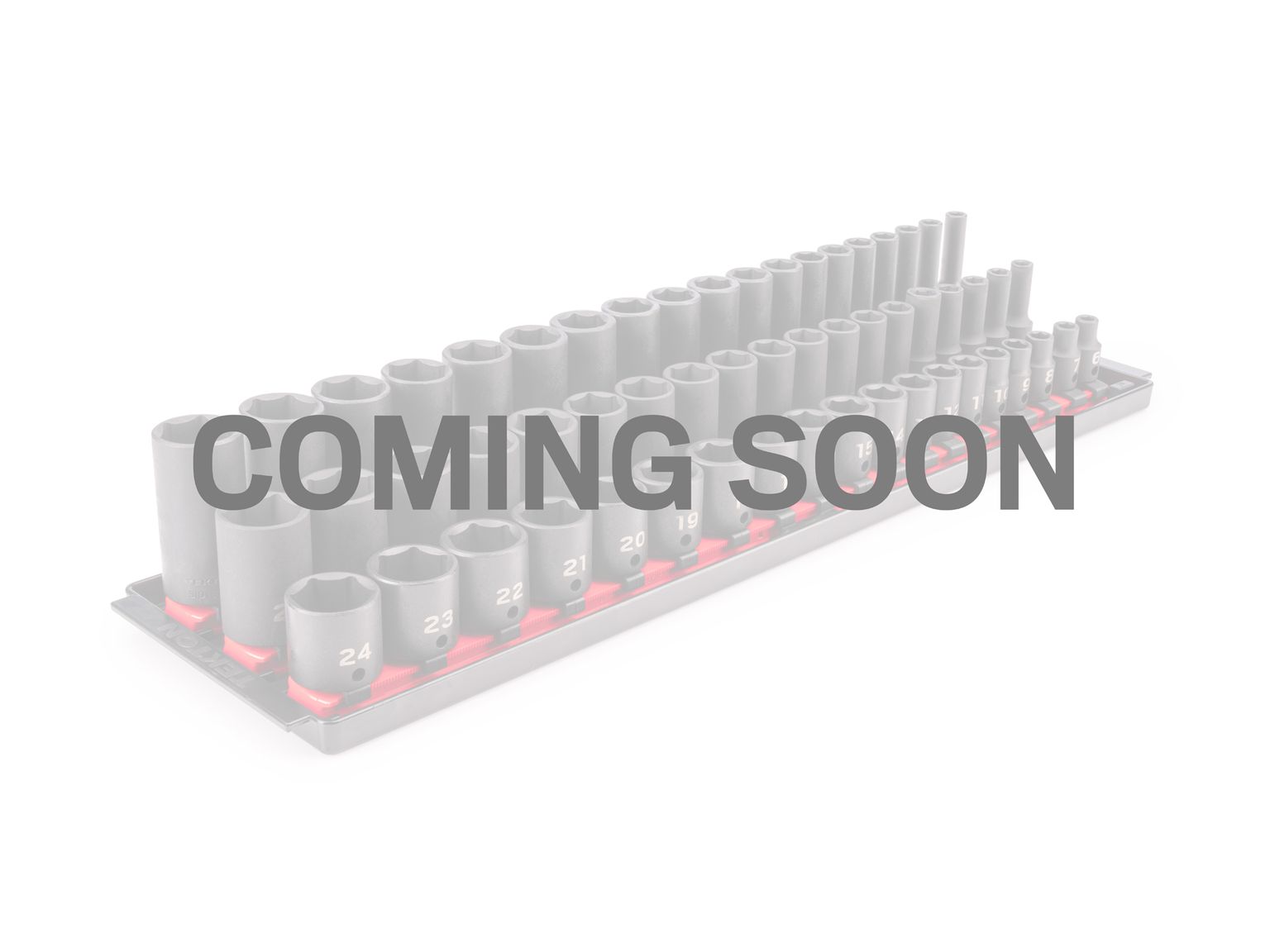 Coming soon text placed over front view of Tekton rail and tray impact drive 6-point socket set. Item #SID91121