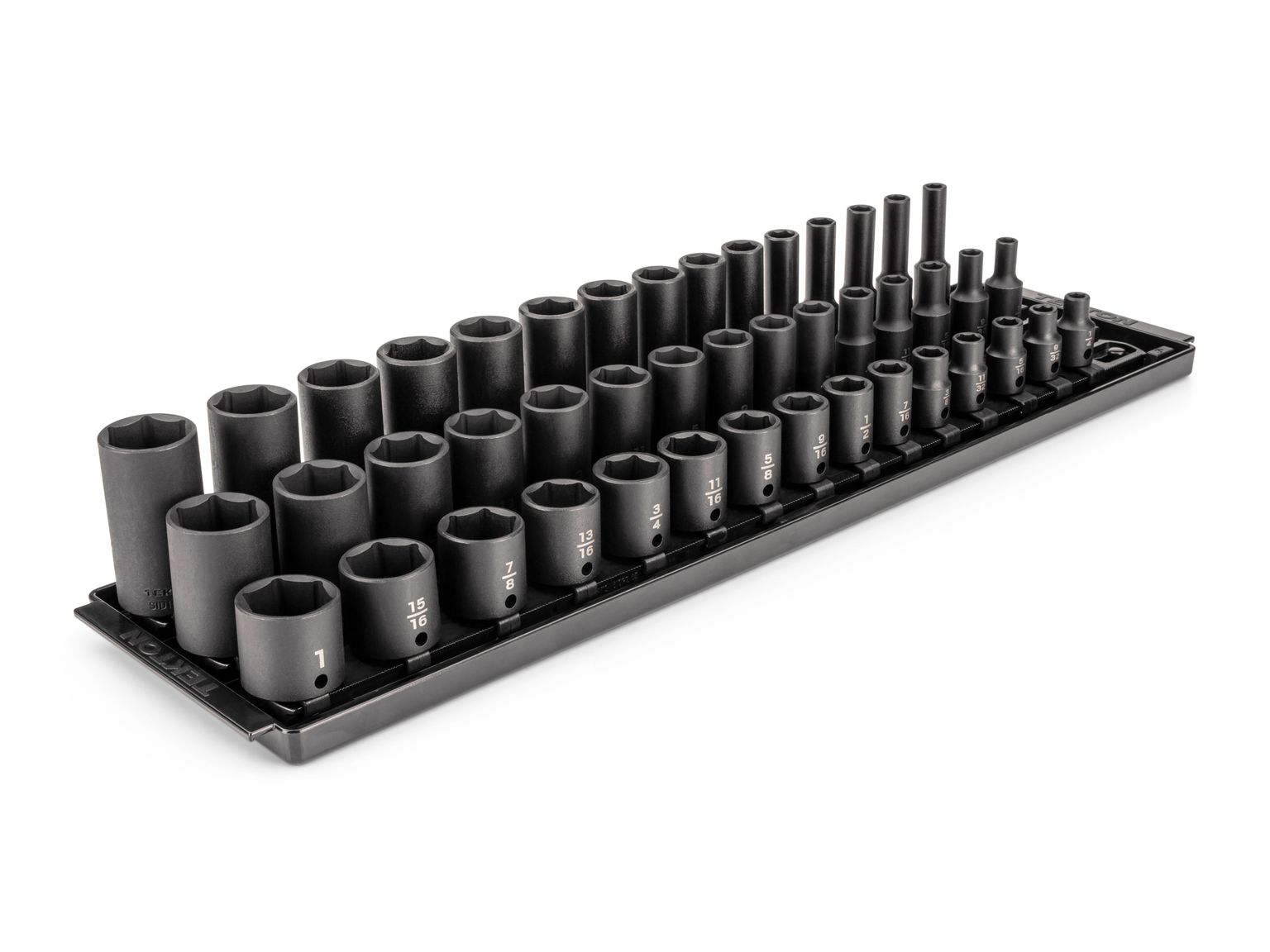 3/8 Inch Drive Shallow, Semi-Deep, and Deep 6-Point Impact Socket Set with Rails and Trays (45-Piece)