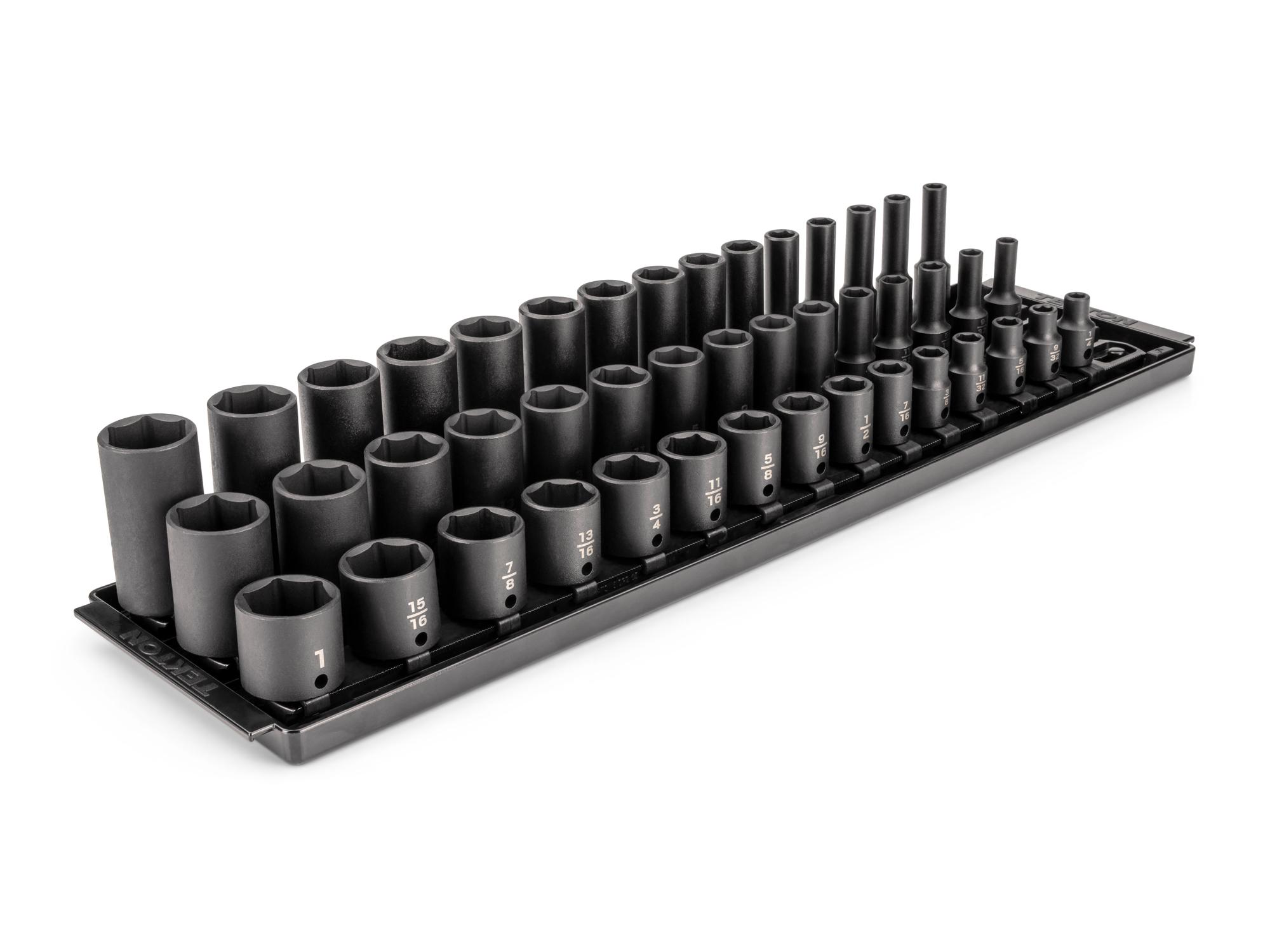 3/8 Inch Drive Shallow, Semi-Deep, and Deep 6-Point Impact Socket Set with Rails and Trays (45-Piece)