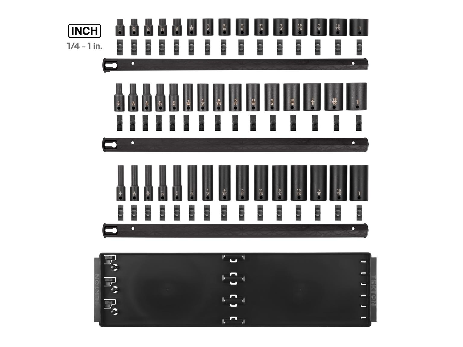 Laid out contents of Tekton impact drive 6-point socket set. Item #SID91122