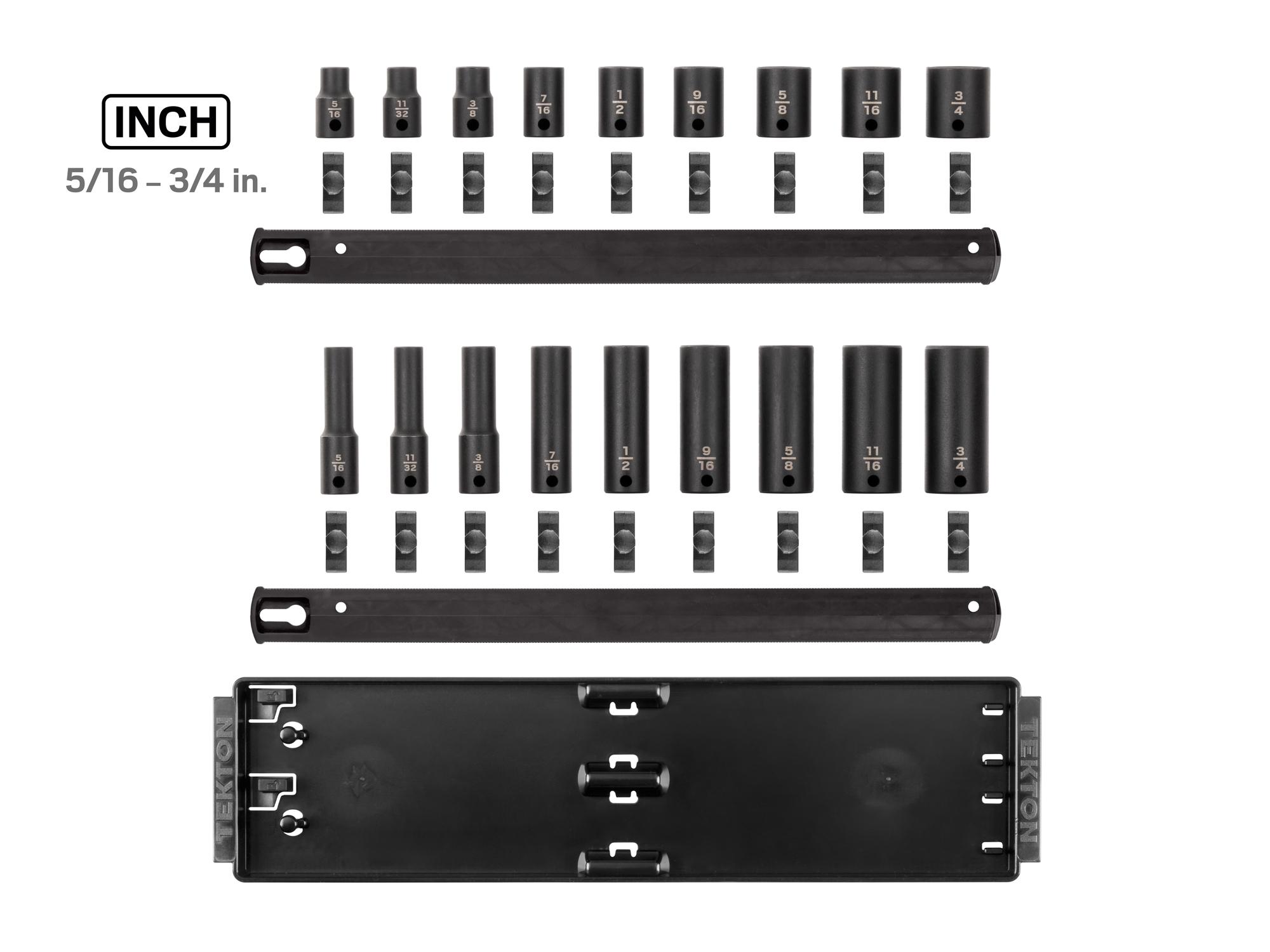 Laid out contents of Tekton rail impact drive 6-point socket set. Item #SID91208