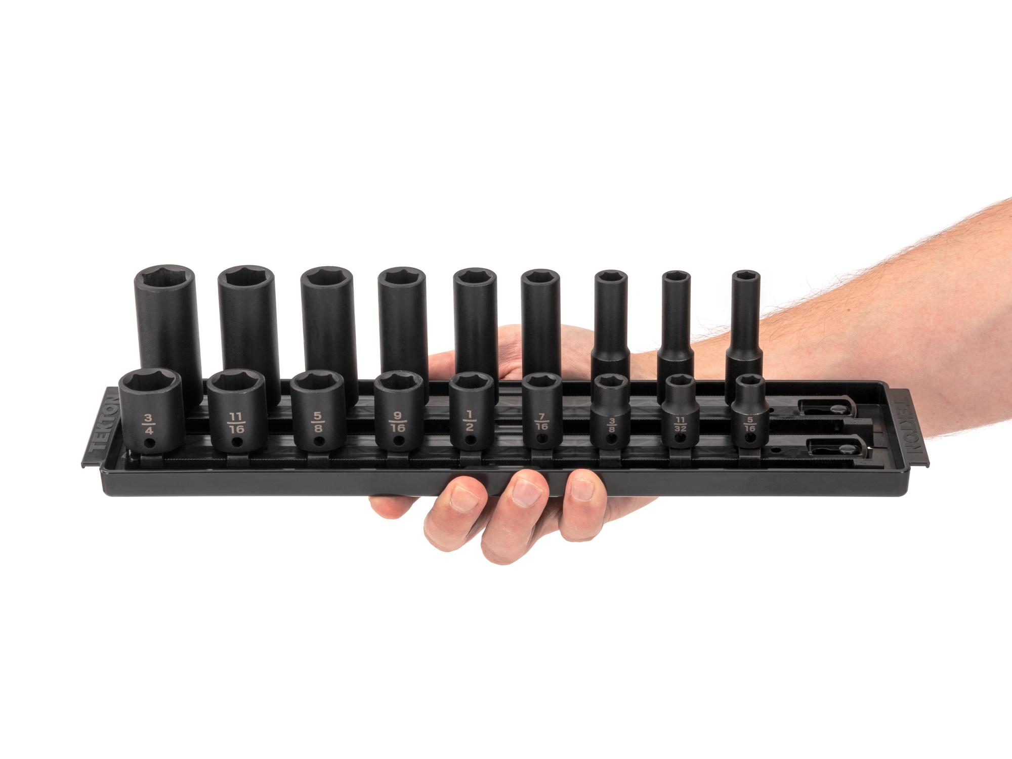 Person holding Tekton rail impact drive 6-point socket set. Item #SID91208