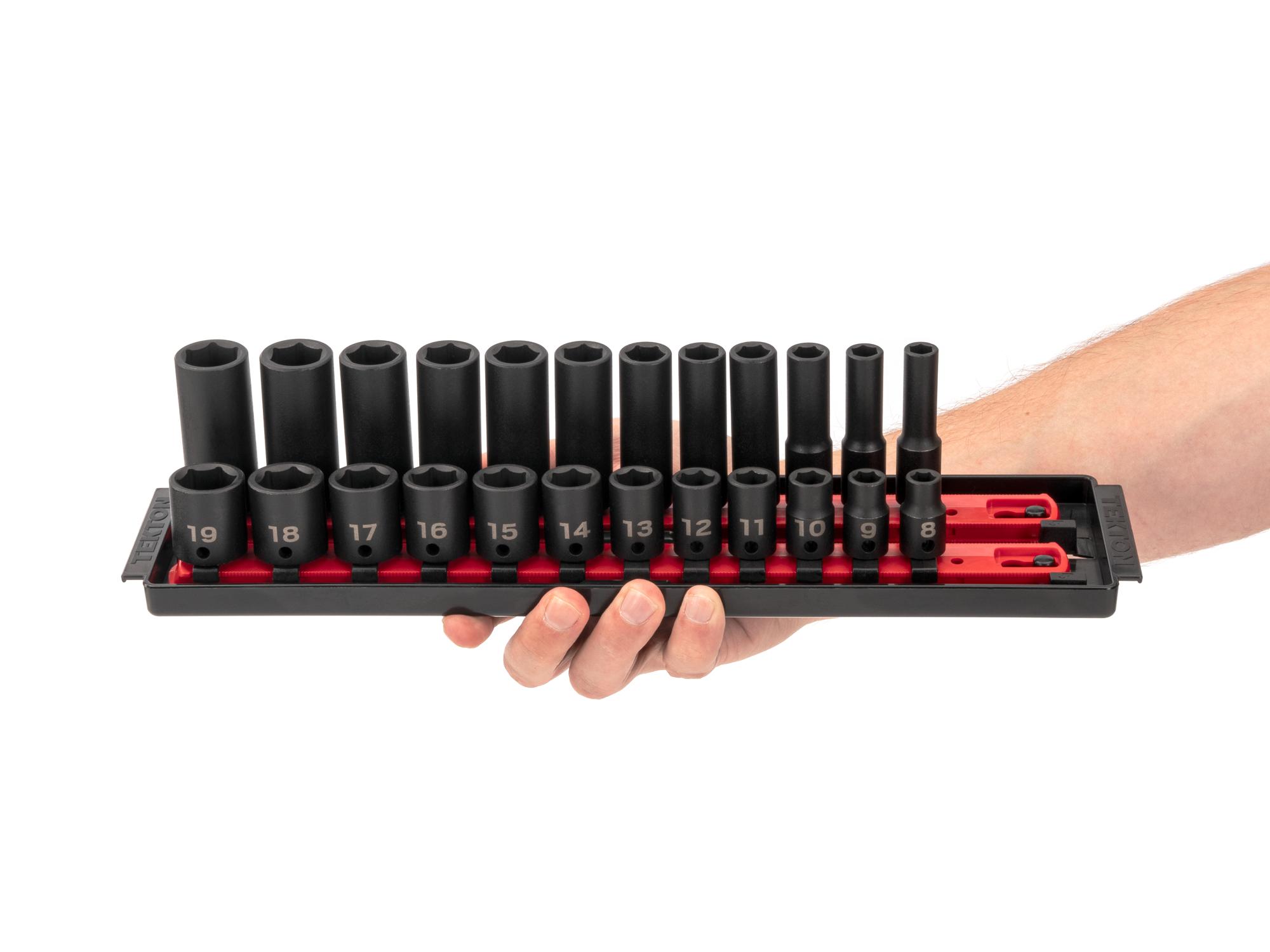 Person holding Tekton rail impact drive 6-point socket set. Item #SID91209
