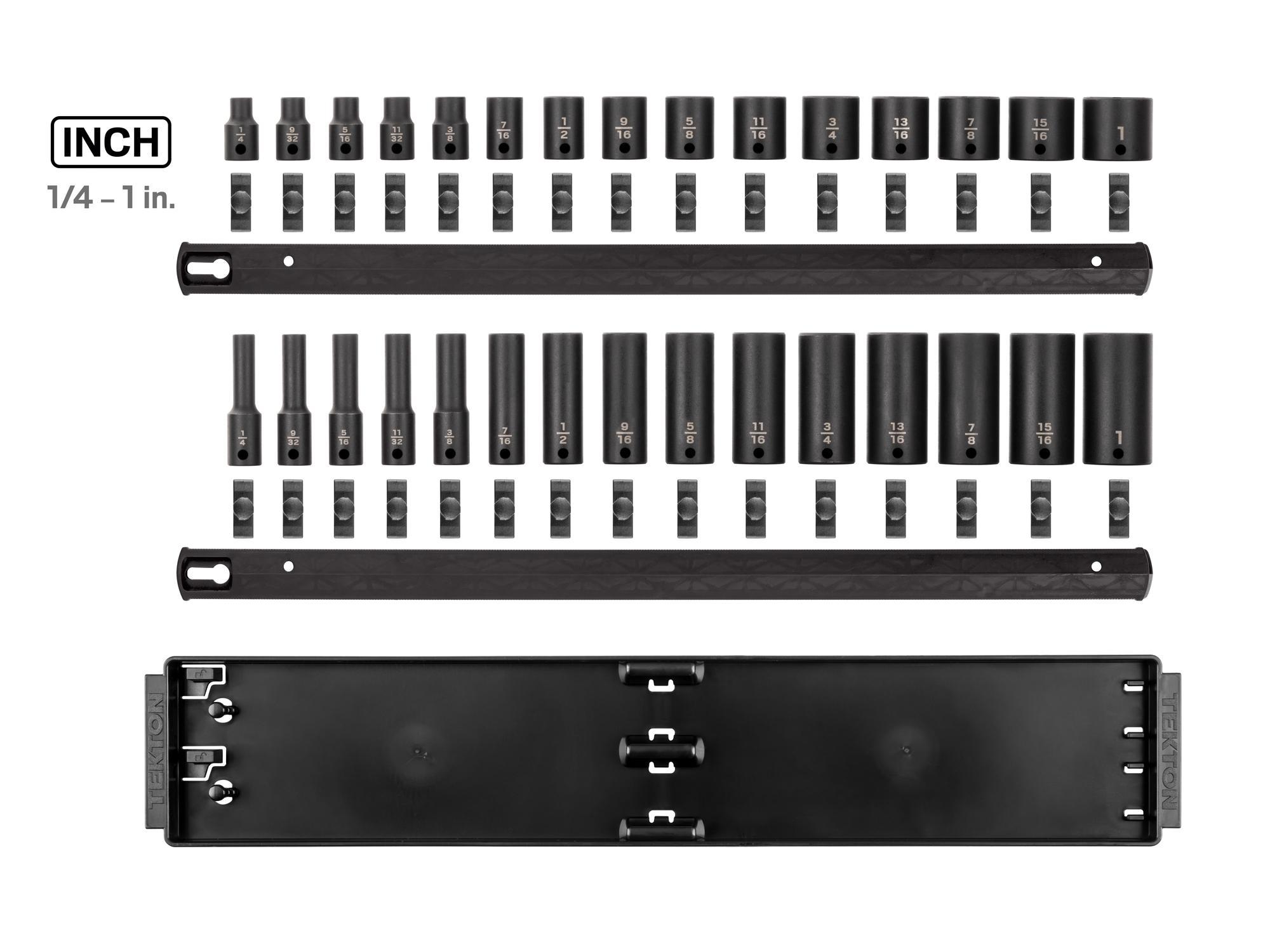 Laid out contents of Tekton rail impact drive 6-point socket set. Item #SID91210