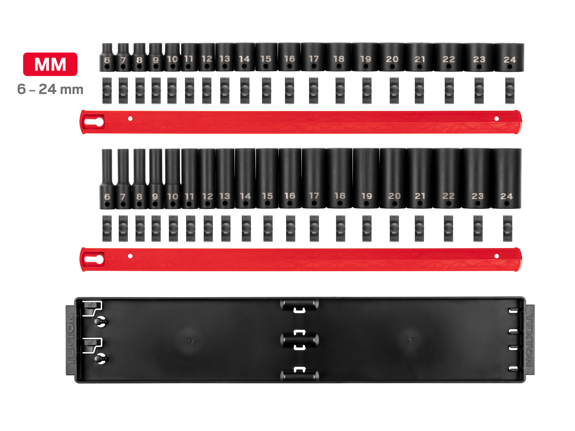 Includes 3/8 inch drive 6 point impact sockets: 6-24 mm (Metric) in standard length with rail and tray storage. No skipped sizes.