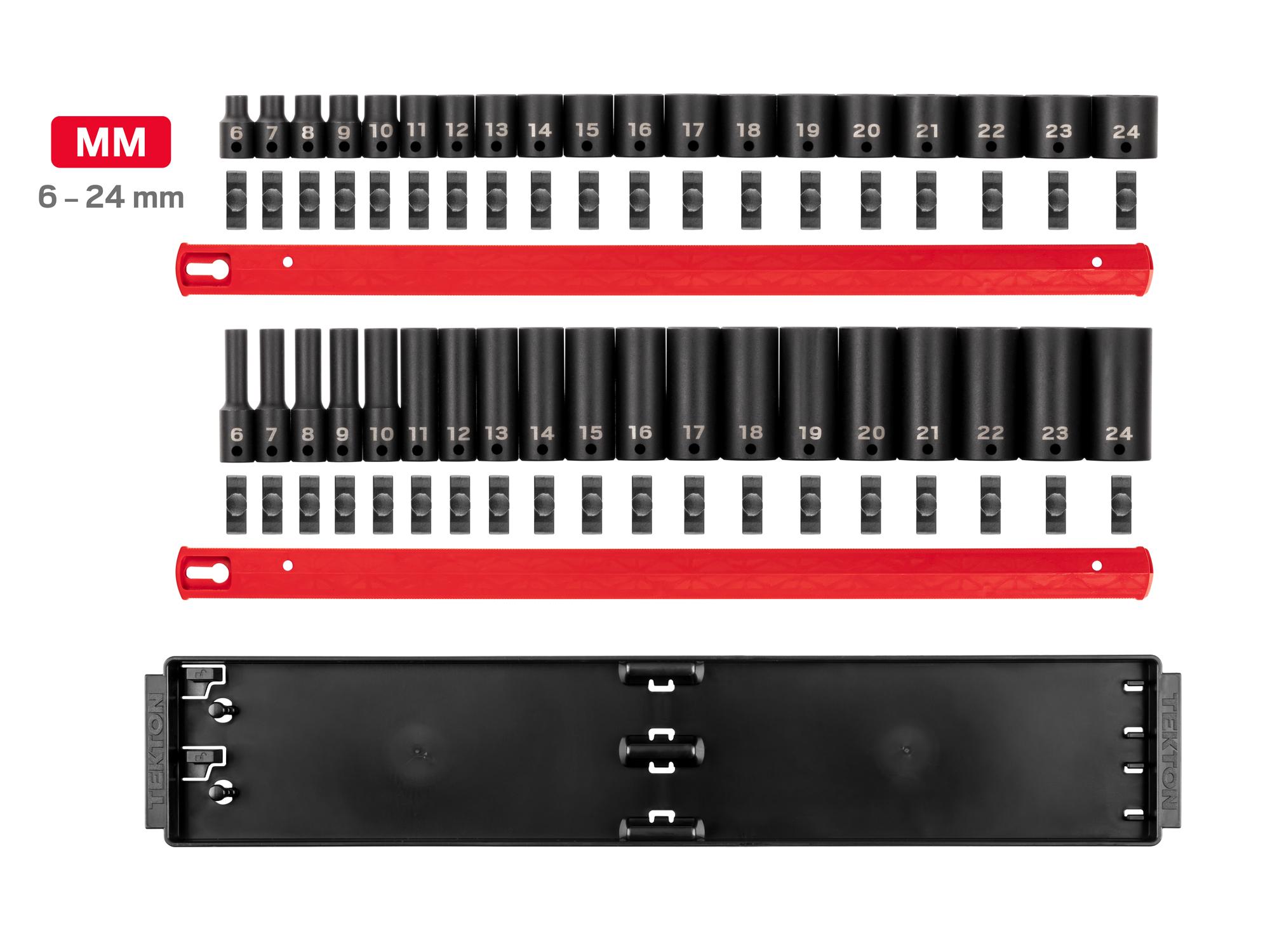 Laid out contents of Tekton rail impact drive 6-point socket set. Item #SID91211