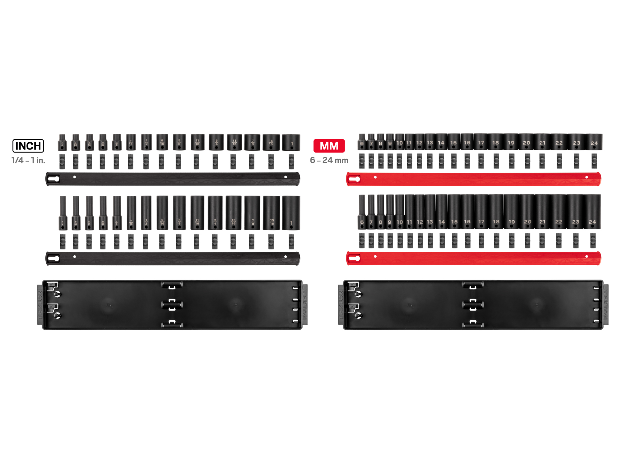 Includes 1/4-1 inch (SAE), 6-24 mm (Metric) 6-point impact sockets. No skipped sizes. Comes with rail storage. SID91218.