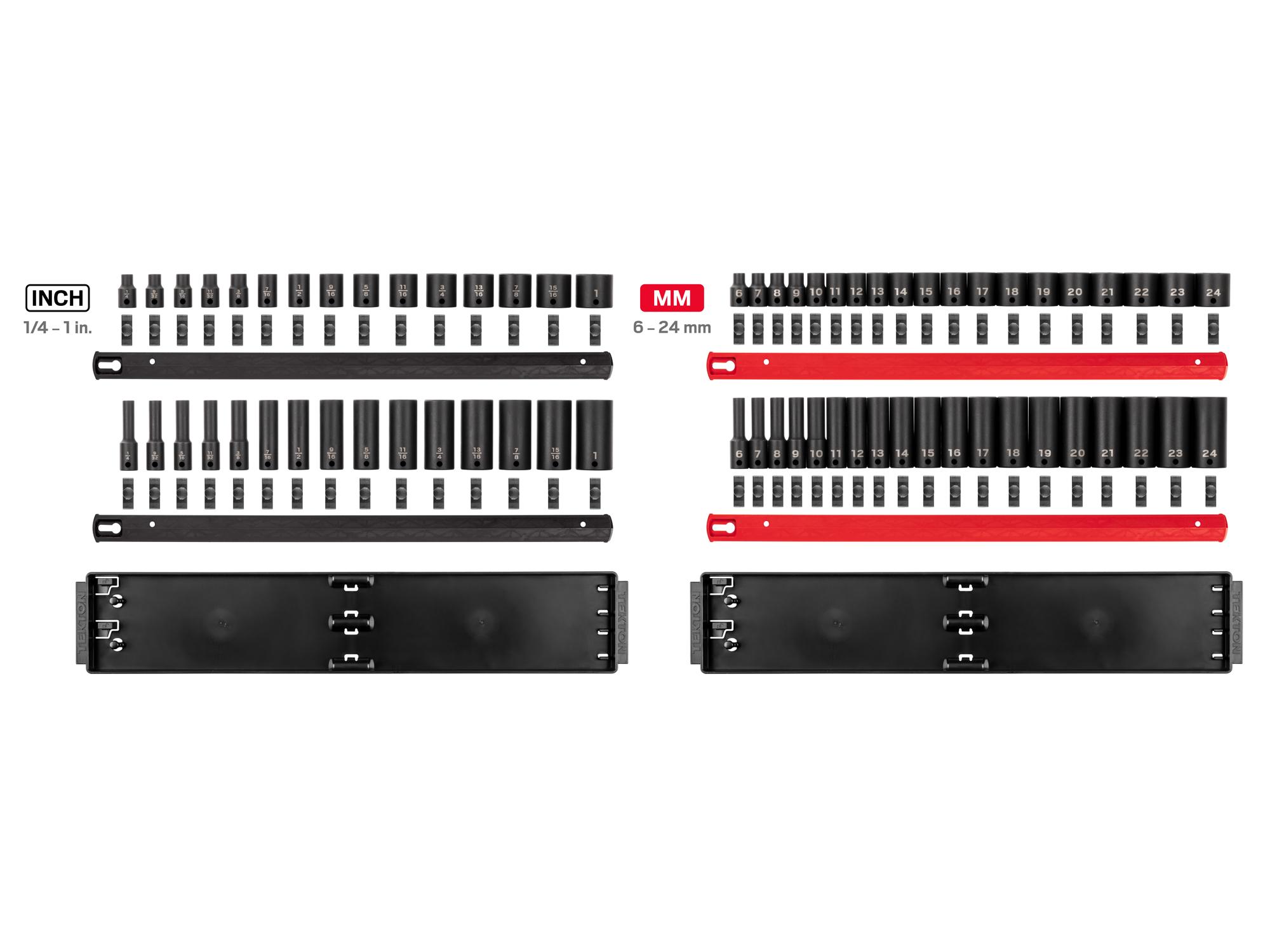 Laid out contents of Tekton rail impact drive 6-point socket set. Item #SID91218