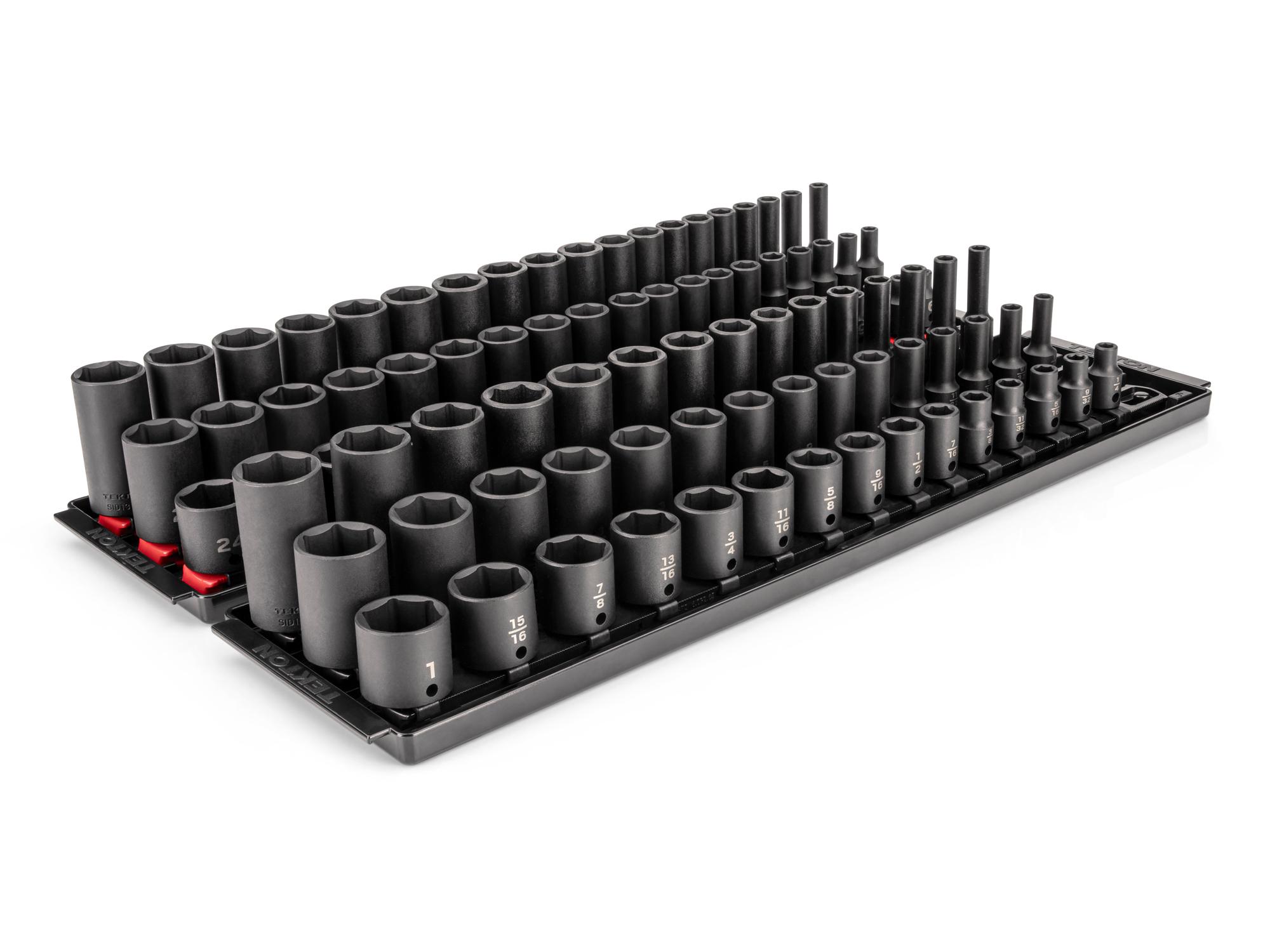 3/8 Inch Drive Shallow, Semi-Deep, and Deep 6-Point Impact Socket Set with Rails and Trays (102-Piece)