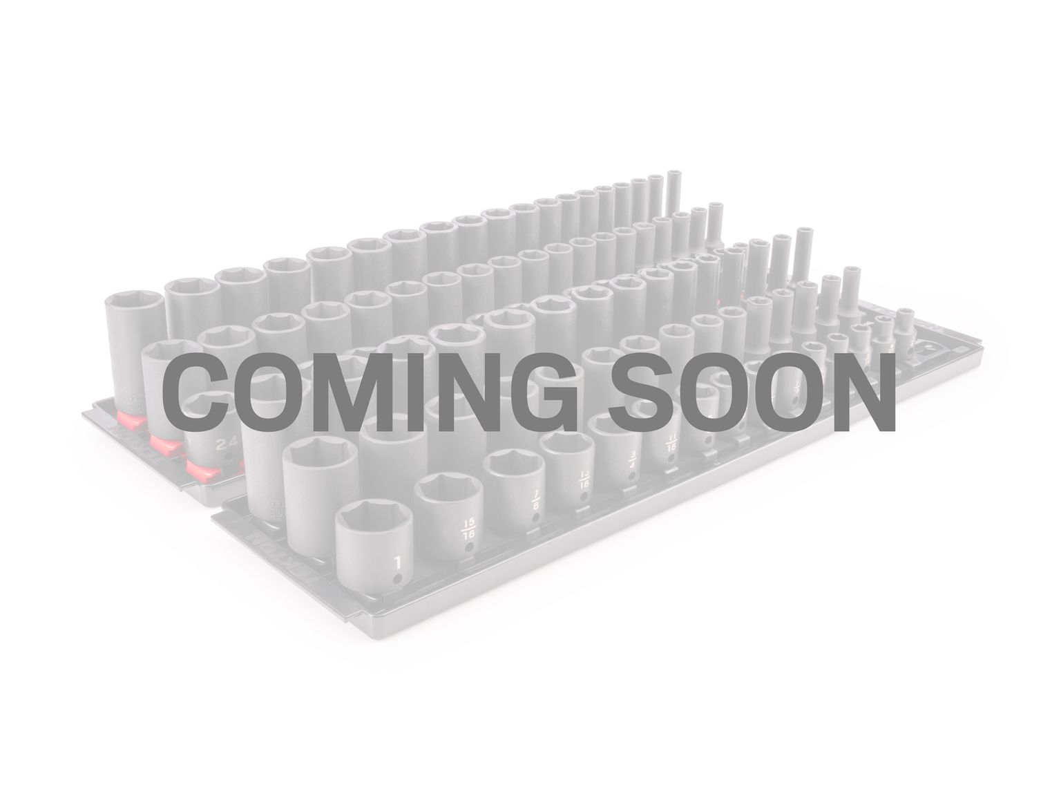 Coming soon text placed over front view of Tekton rail and tray impact drive 6-point socket set. Item #SID91220