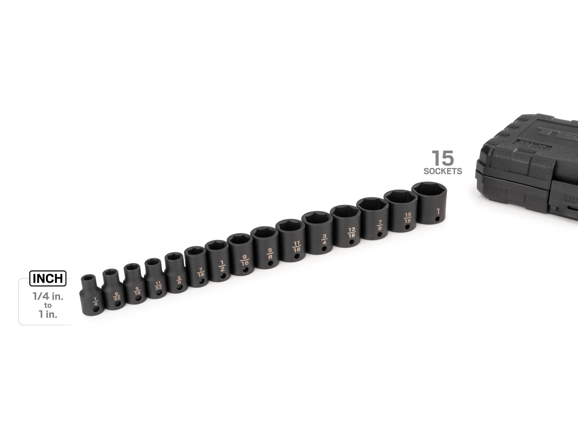 Laid out contents of Tekton case impact drive 6-point socket set. Item #SID91300