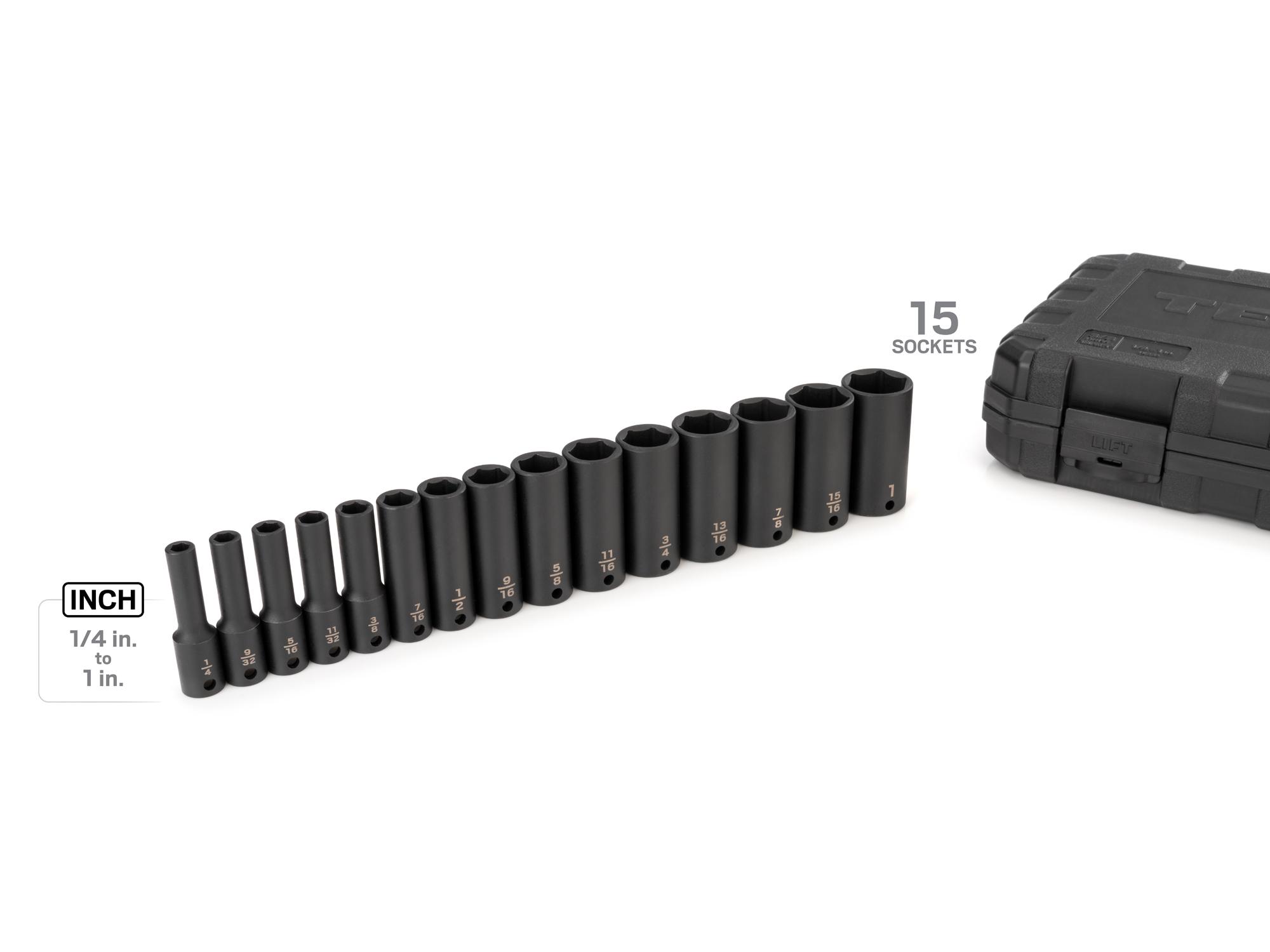 Laid out contents of Tekton case impact drive 6-point socket set. Item #SID91301