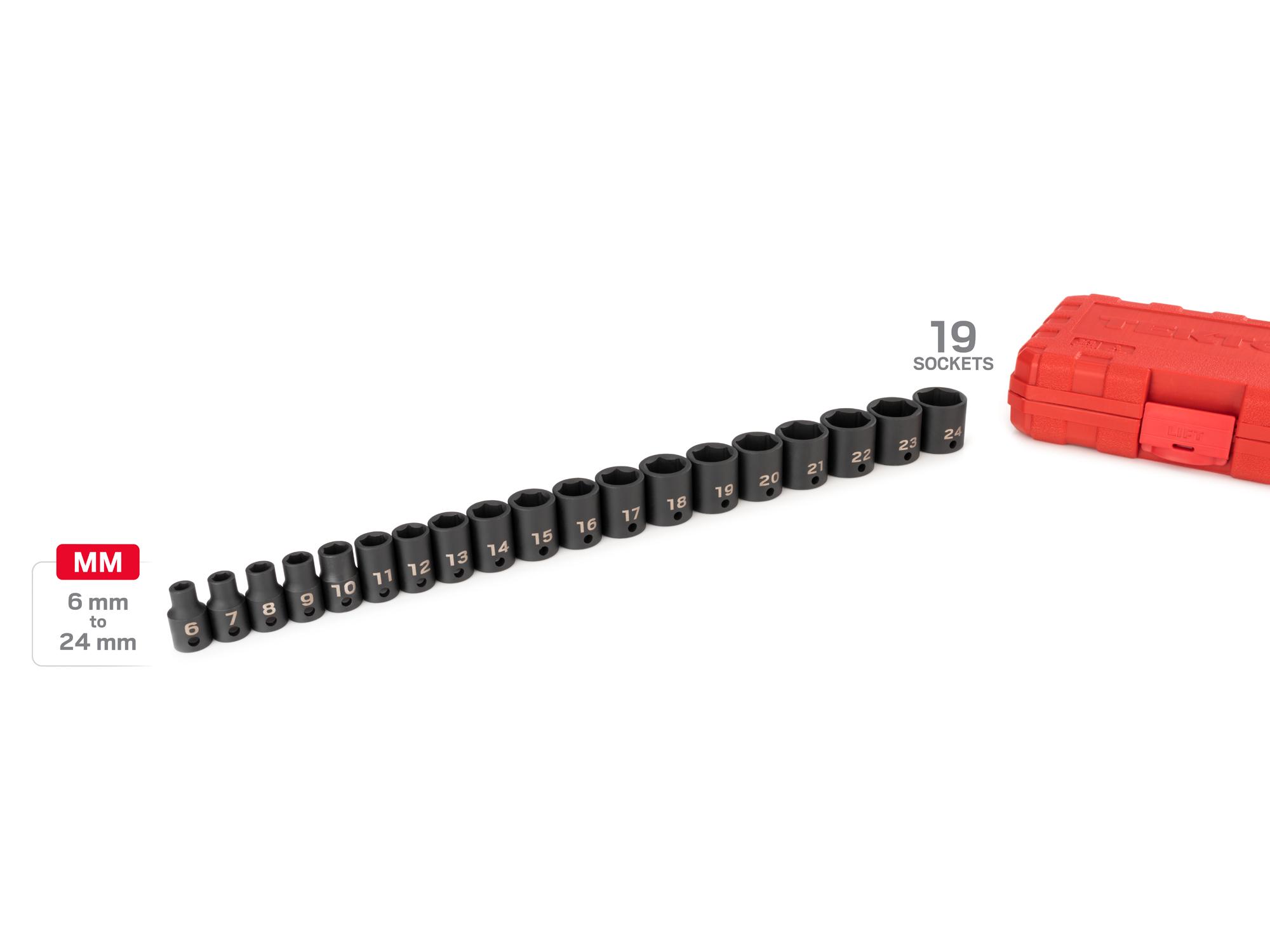 Laid out contents of Tekton case impact drive 6-point socket set. Item #SID91302