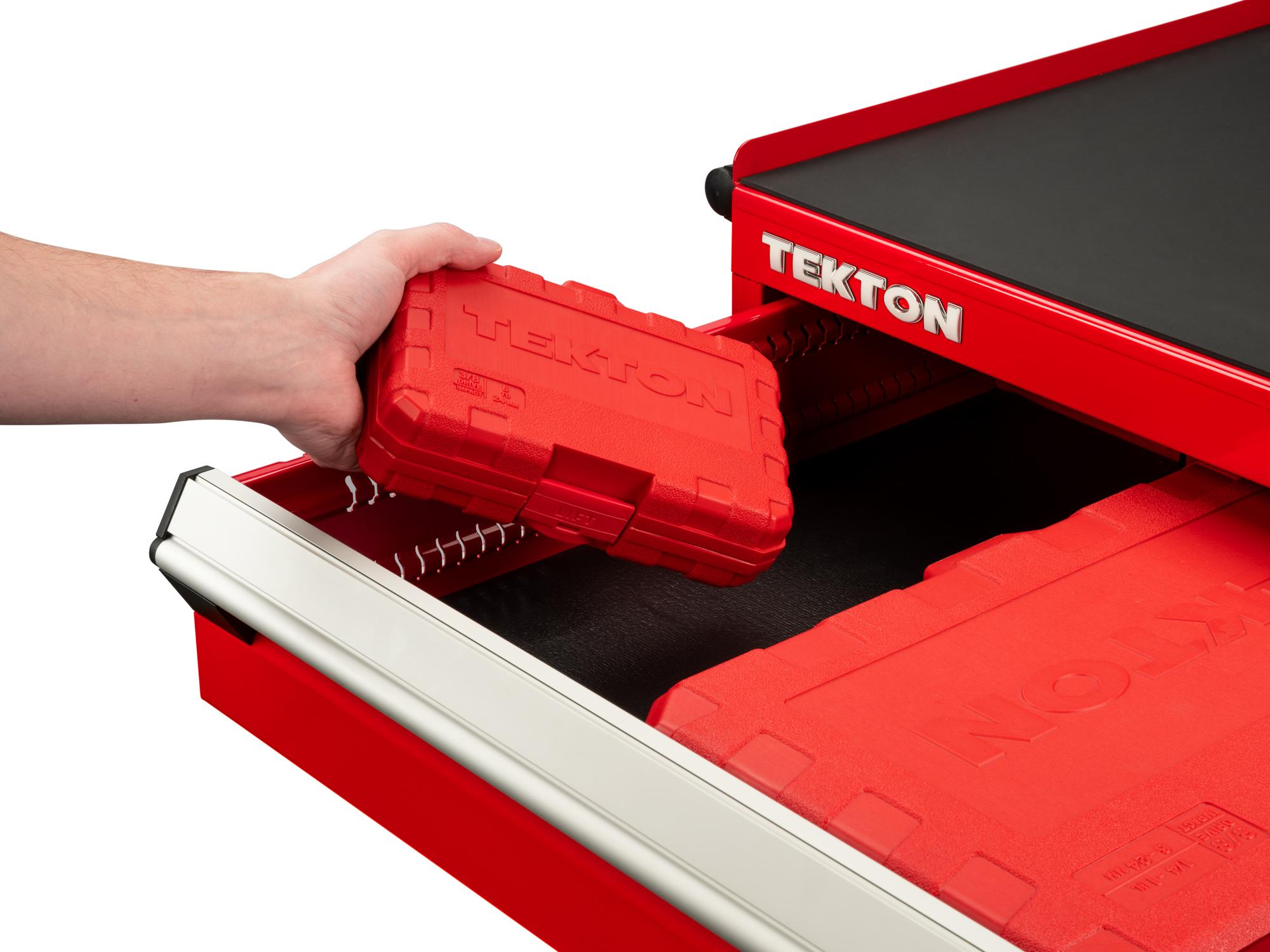 Front angled view of Tekton case impact drive 6-point socket set in a tool cabinet drawer. Item #SID91302