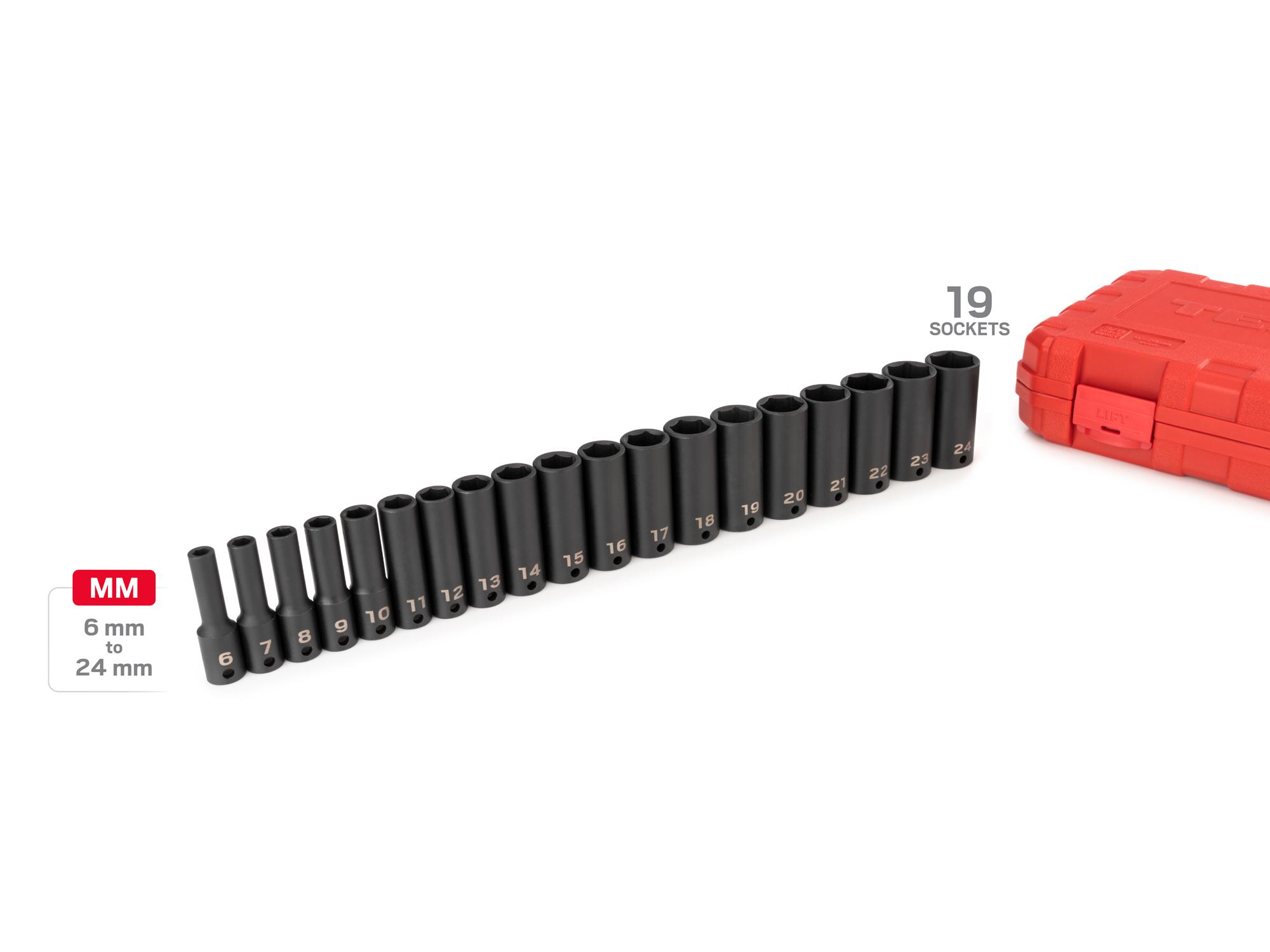 Laid out contents of Tekton case impact drive 6-point socket set. Item #SID91303