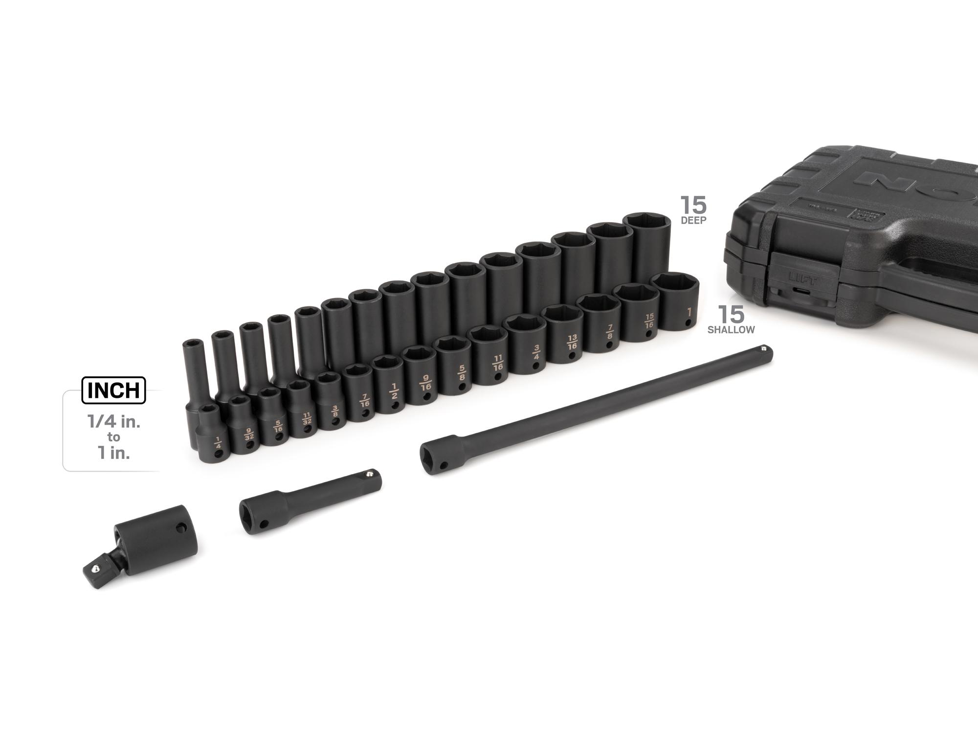 Laid out contents of Tekton case impact drive 6-point socket set. Item #SID91400