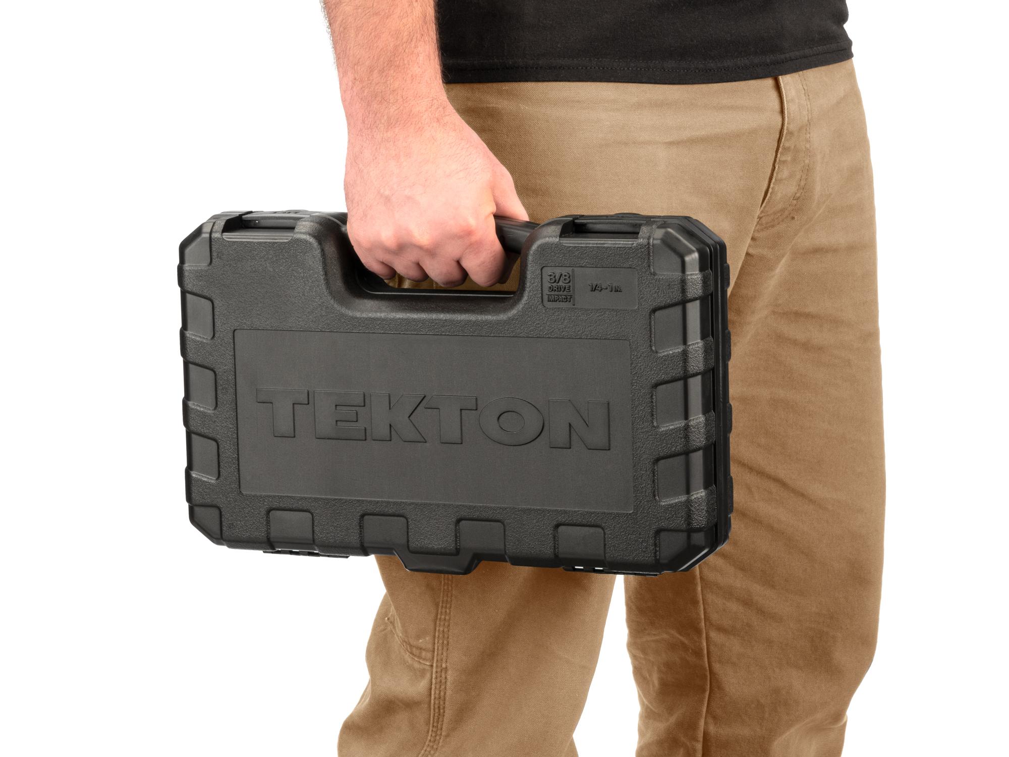 Person holding Tekton case impact drive 6-point socket set. Item #SID91400
