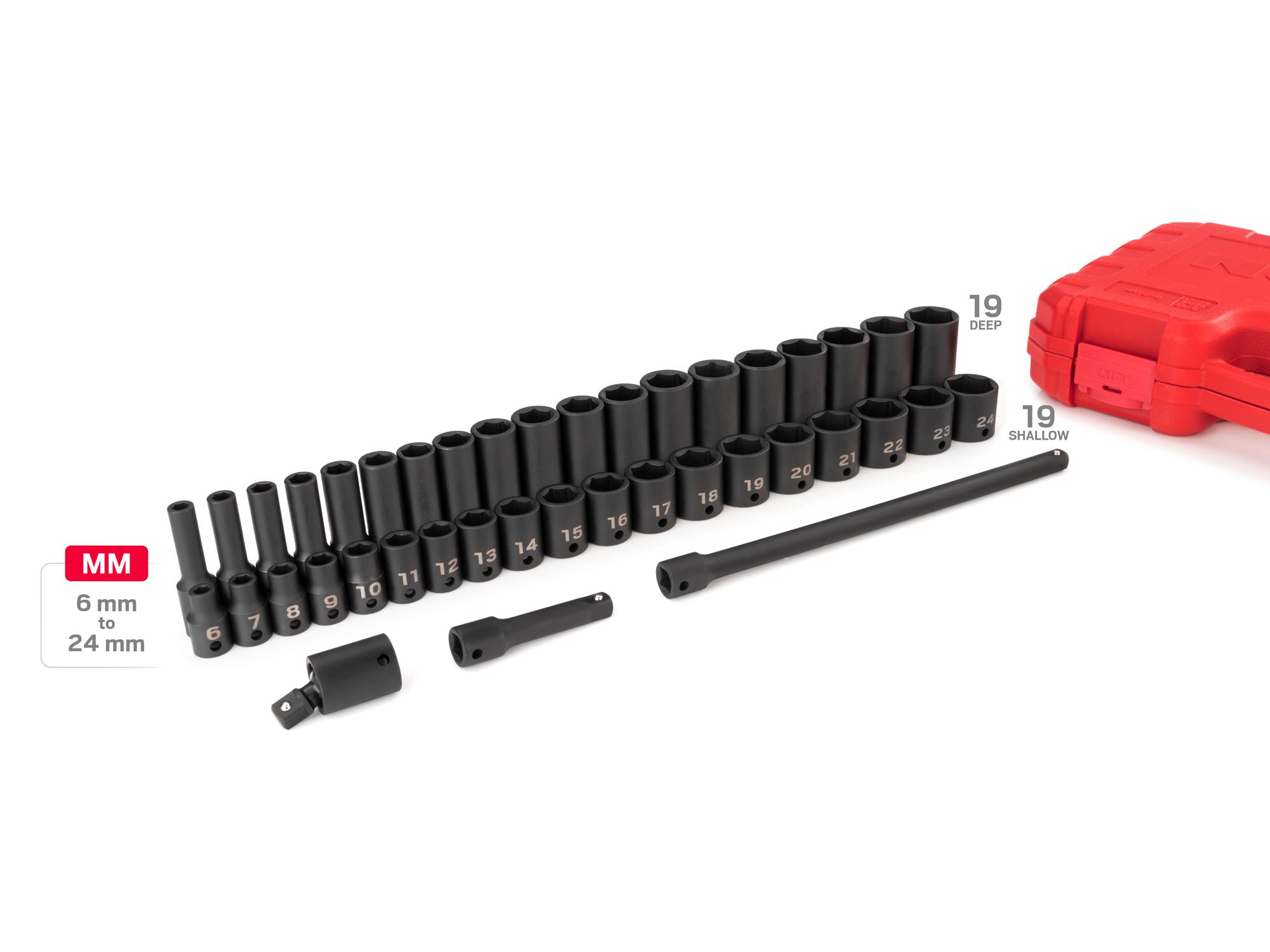 Laid out contents of Tekton case impact drive 6-point socket set. Item #SID91401