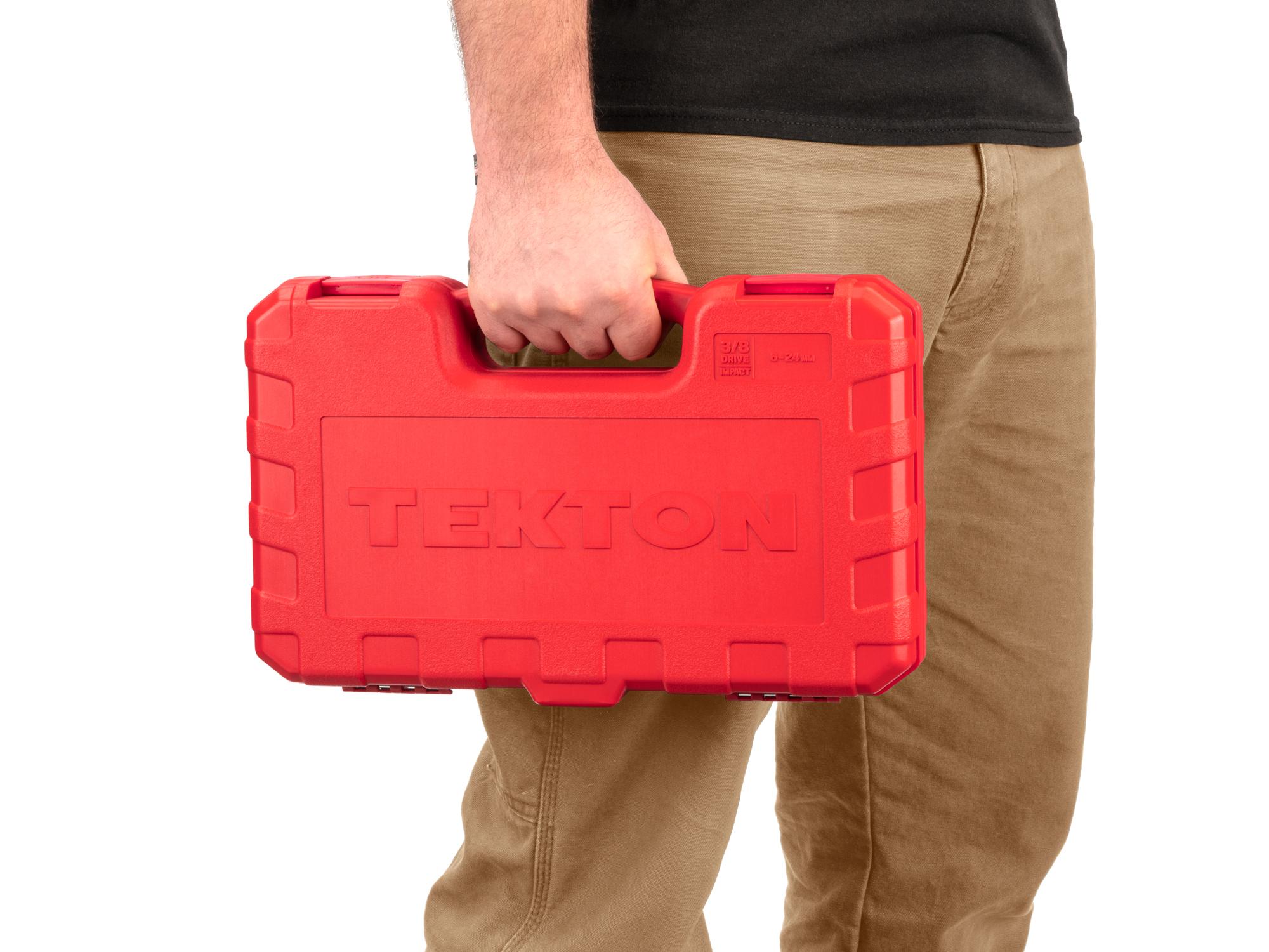 Person holding Tekton case impact drive 6-point socket set. Item #SID91401