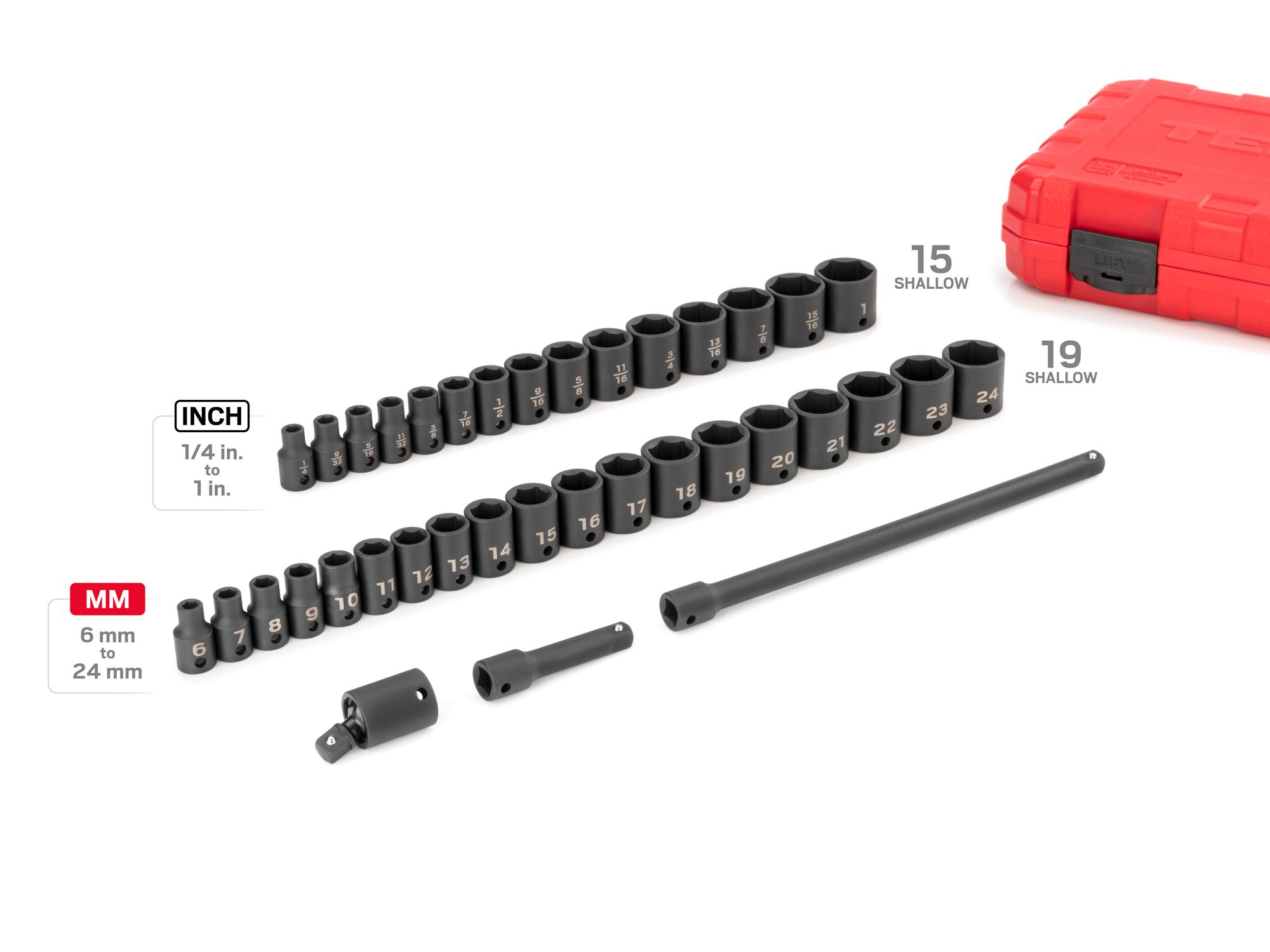 Laid out contents of Tekton case impact drive 6-point socket set. Item #SID91402