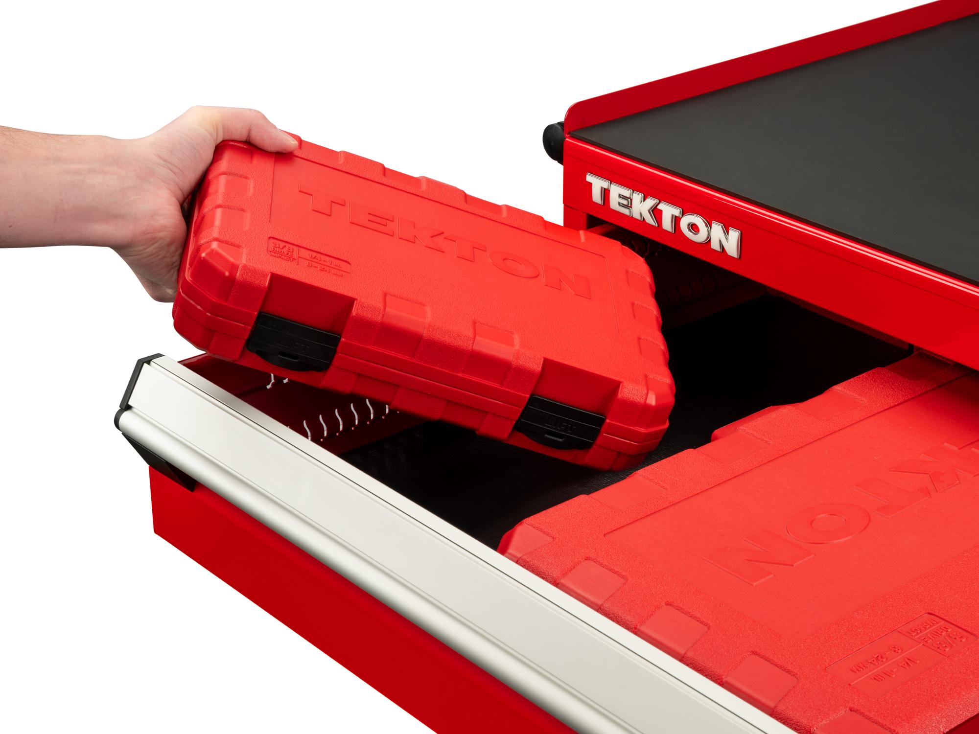Front angled view of Tekton case impact drive 6-point socket set in a tool cabinet drawer. Item #SID91402