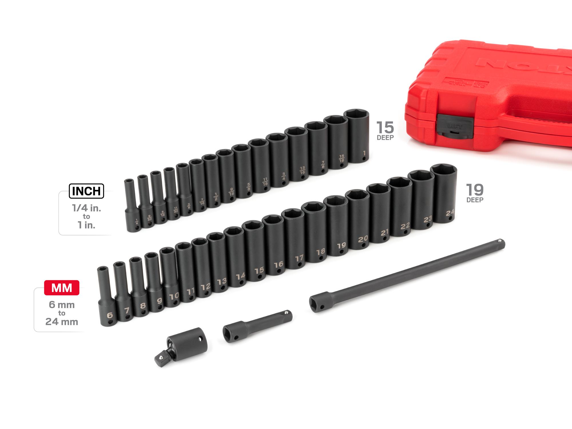 Laid out contents of Tekton case impact drive 6-point socket set. Item #SID91403