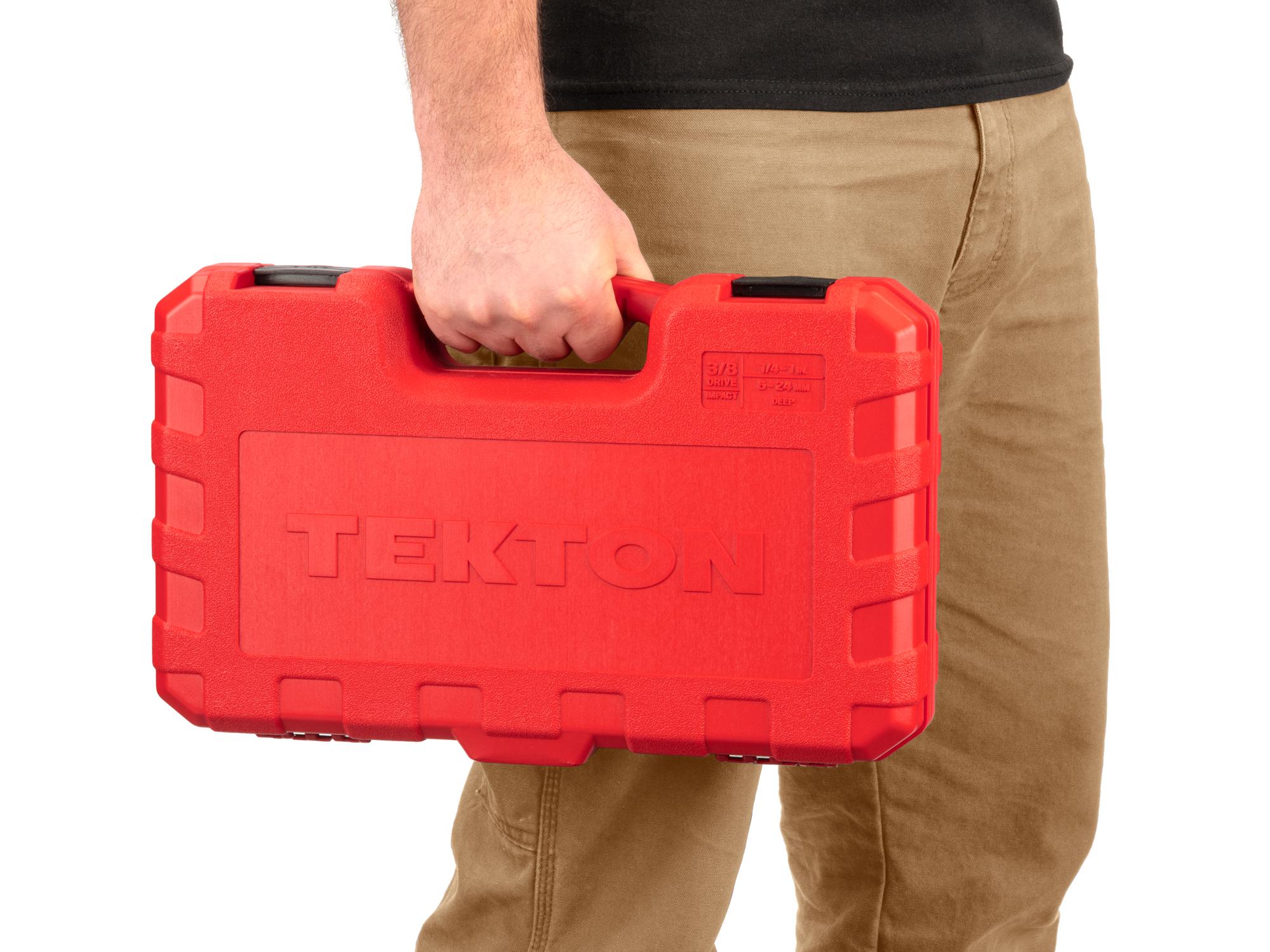 Person holding Tekton case impact drive 6-point socket set. Item #SID91403
