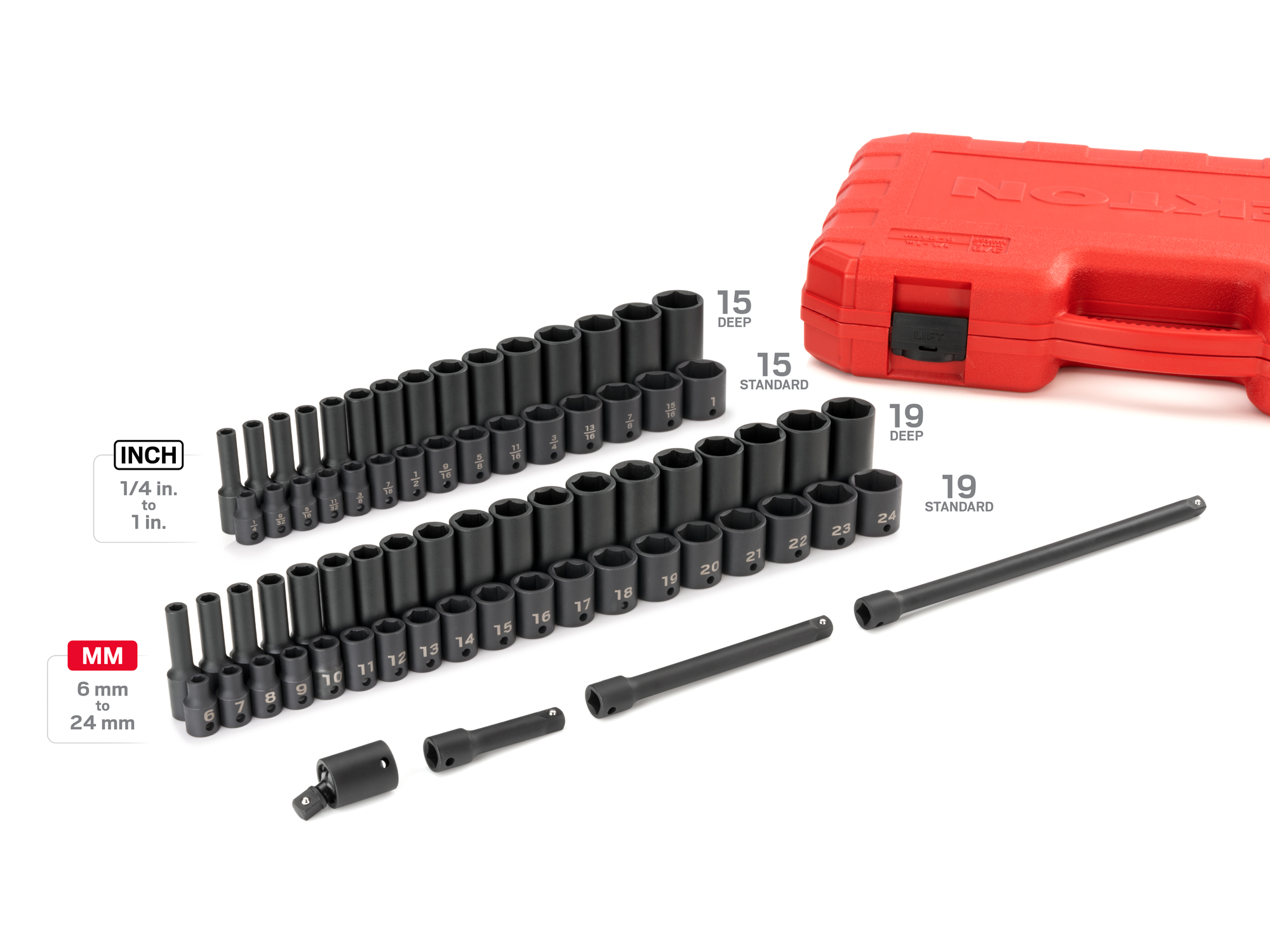 Includes: 1/4-1 inch (SAE), 6-24 mm (Metric) 6 point standard and deep lengths, plus extensions, universal joint, and storage case. No skipped sizes. SID91404.