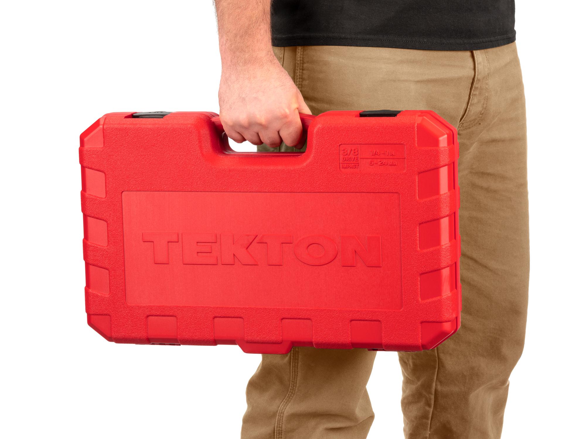 Person holding Tekton case impact drive 6-point socket set. Item #SID91404