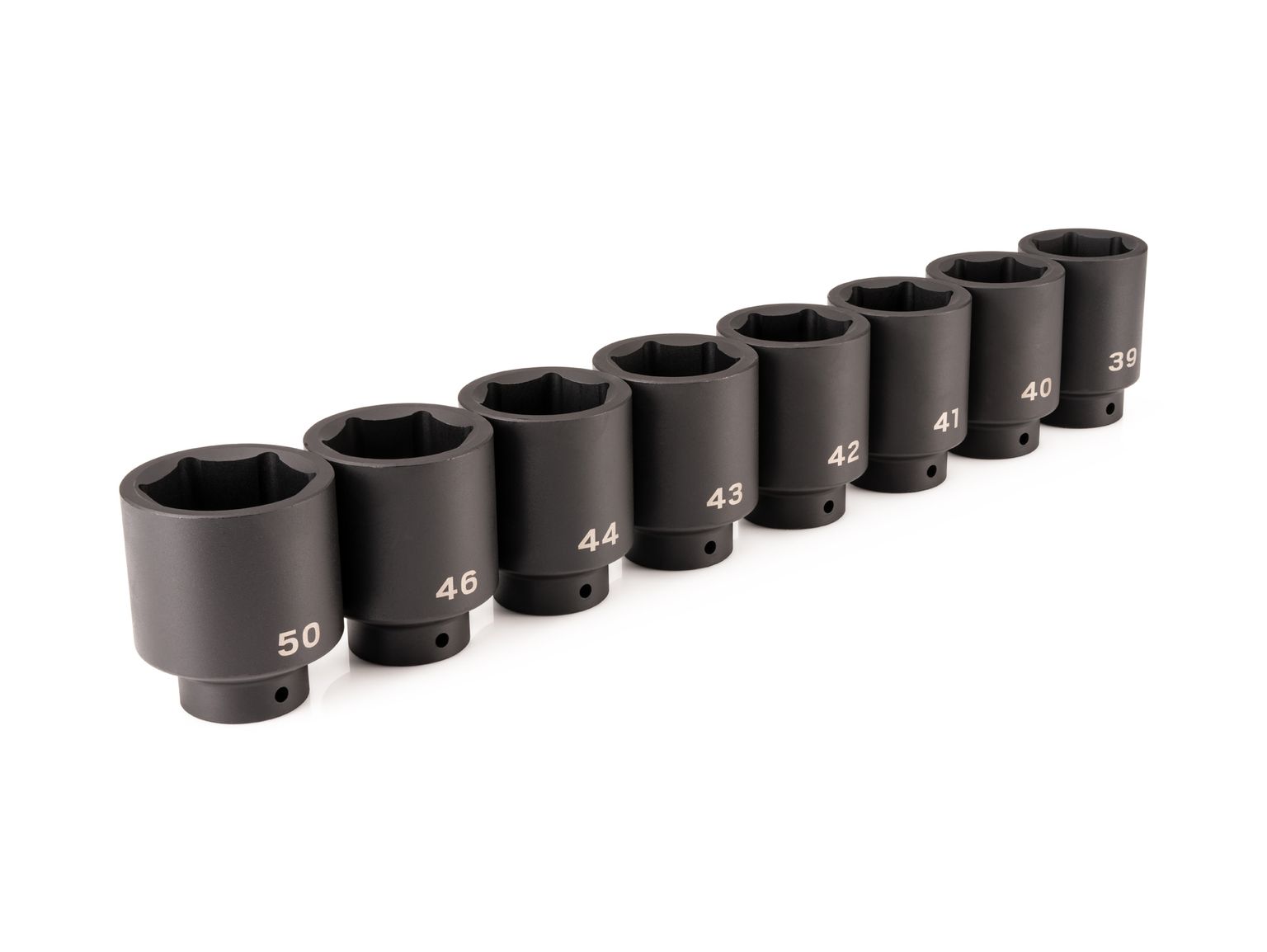 Front-right angle view of Tekton impact drive 6-point socket set. Item #SID92009