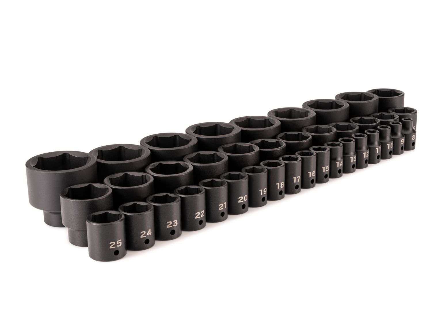 Front-right angle view of Tekton impact drive 6-point socket set. Item #SID92010