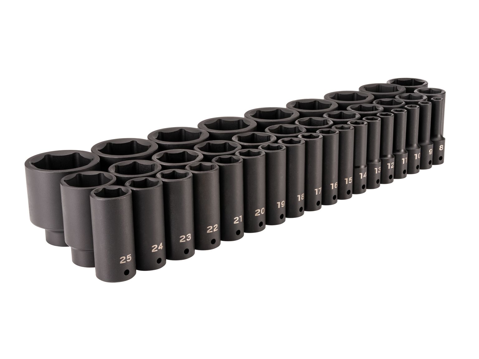 Front-right angle view of Tekton impact drive 6-point socket set. Item #SID92011