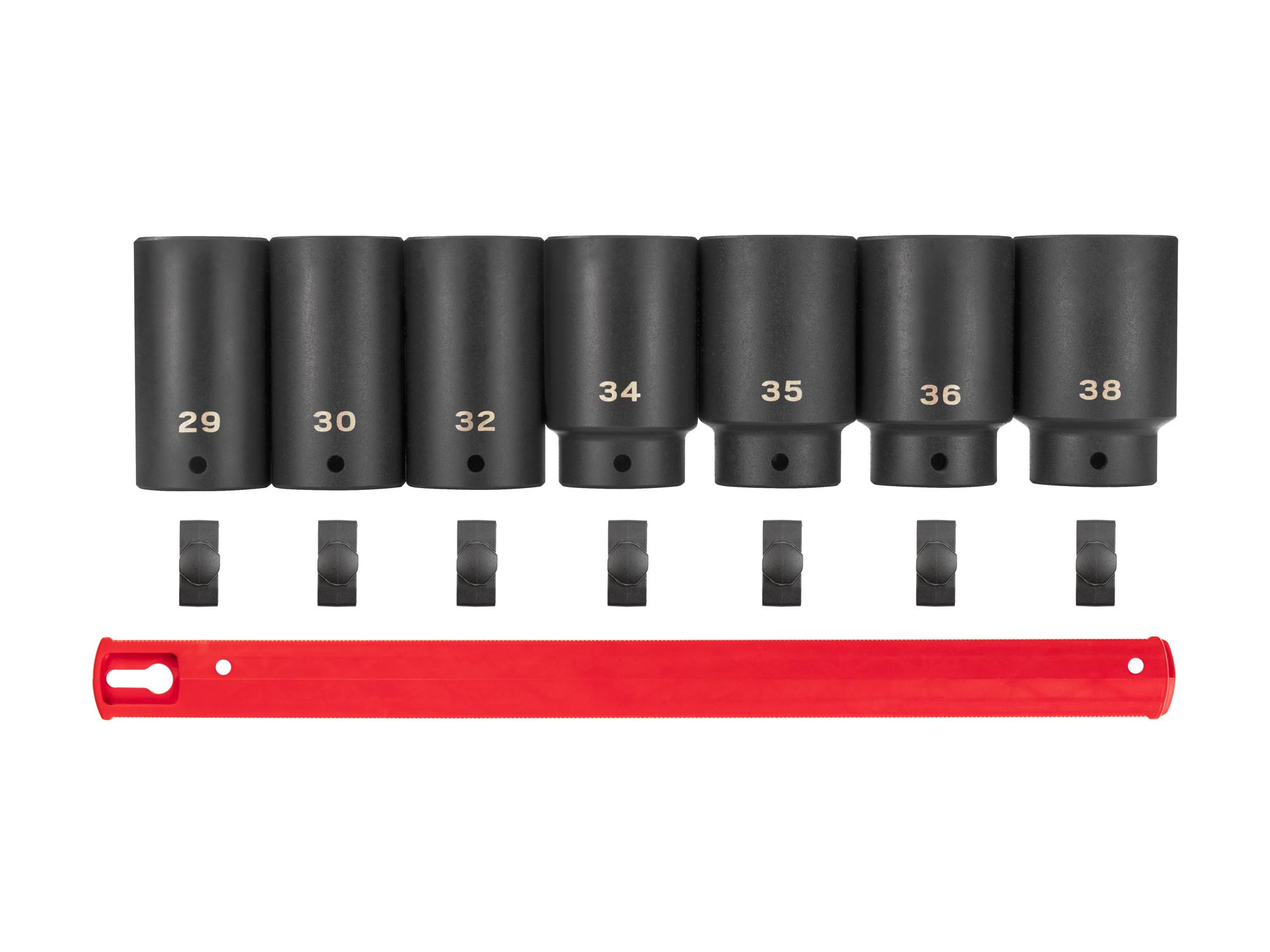 Laid out contents of Tekton rail impact drive 6-point socket set. Item #SID92101