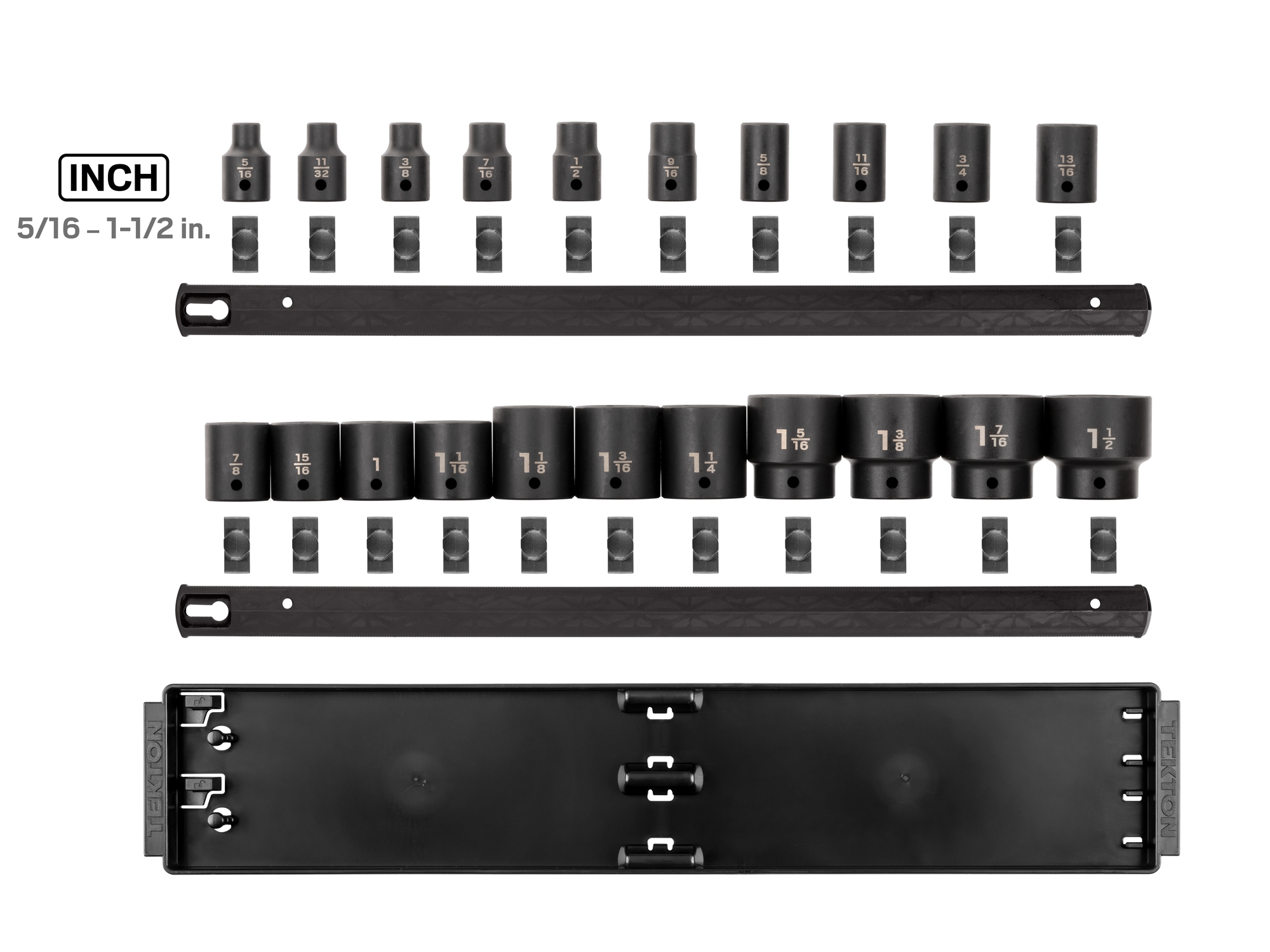 Includes 1/2 inch drive 6 point impact sockets: 5/16 - 1-1/2 inch (SAE) in standard length with rail and tray storage. No skipped sizes.