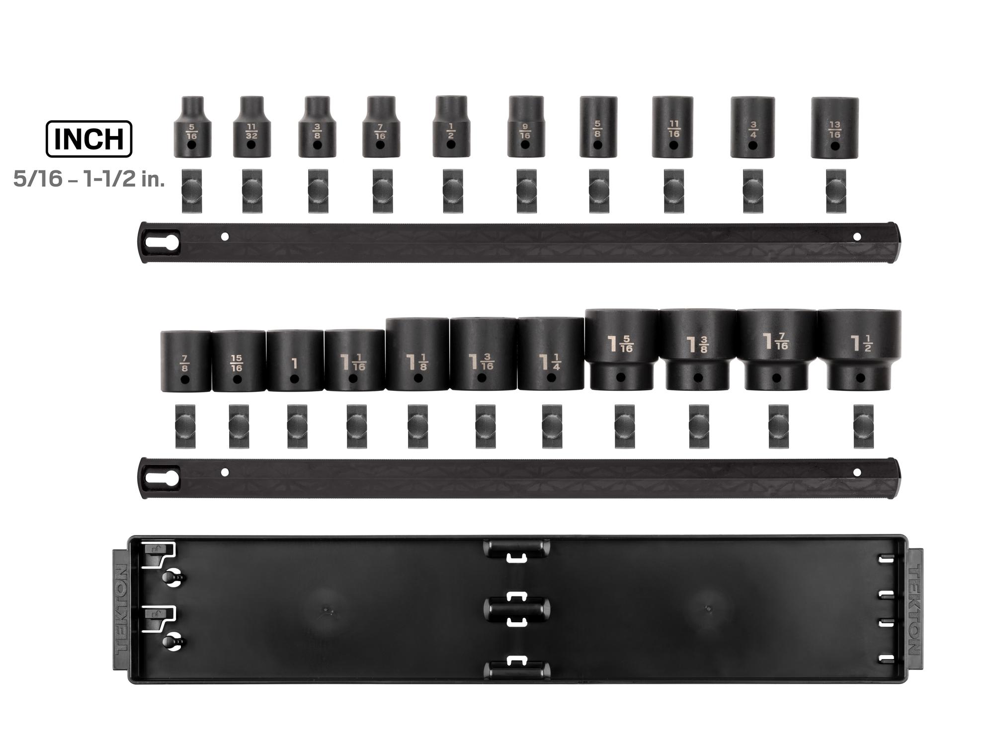 Laid out contents of Tekton rail impact drive 6-point socket set. Item #SID92102