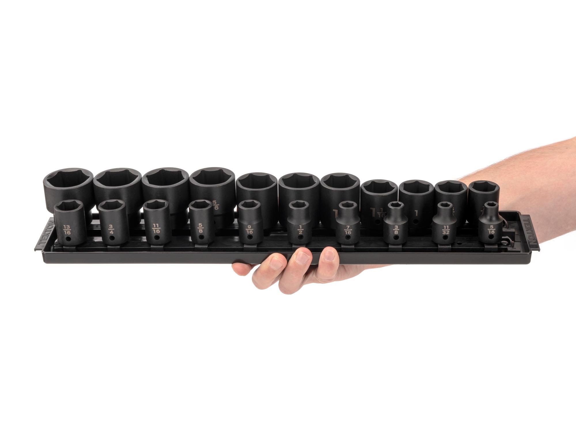 Person holding Tekton rail impact drive 6-point socket set. Item #SID92102