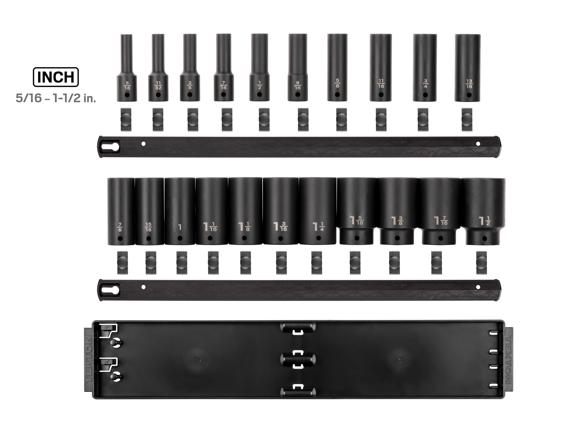 Includes 1/2 inch drive 6 point impact sockets: 5/16 - 1-1/2 inch (SAE) in deep length with rail and tray storage. No skipped sizes.