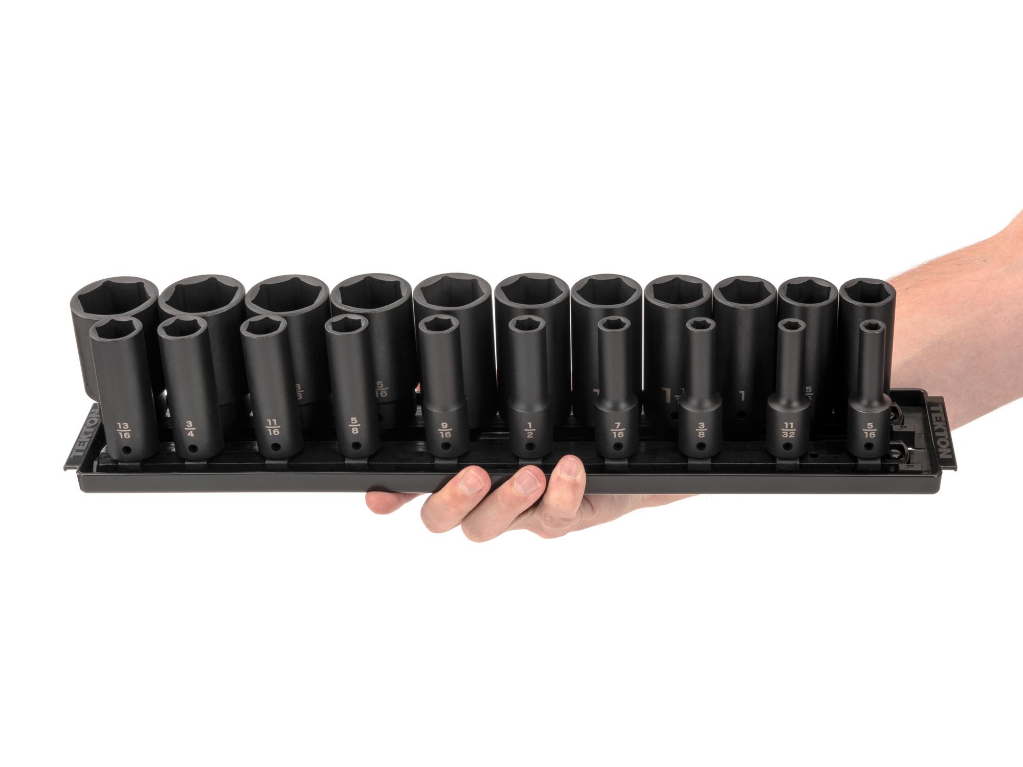 Person holding Tekton rail impact drive 6-point socket set. Item #SID92103