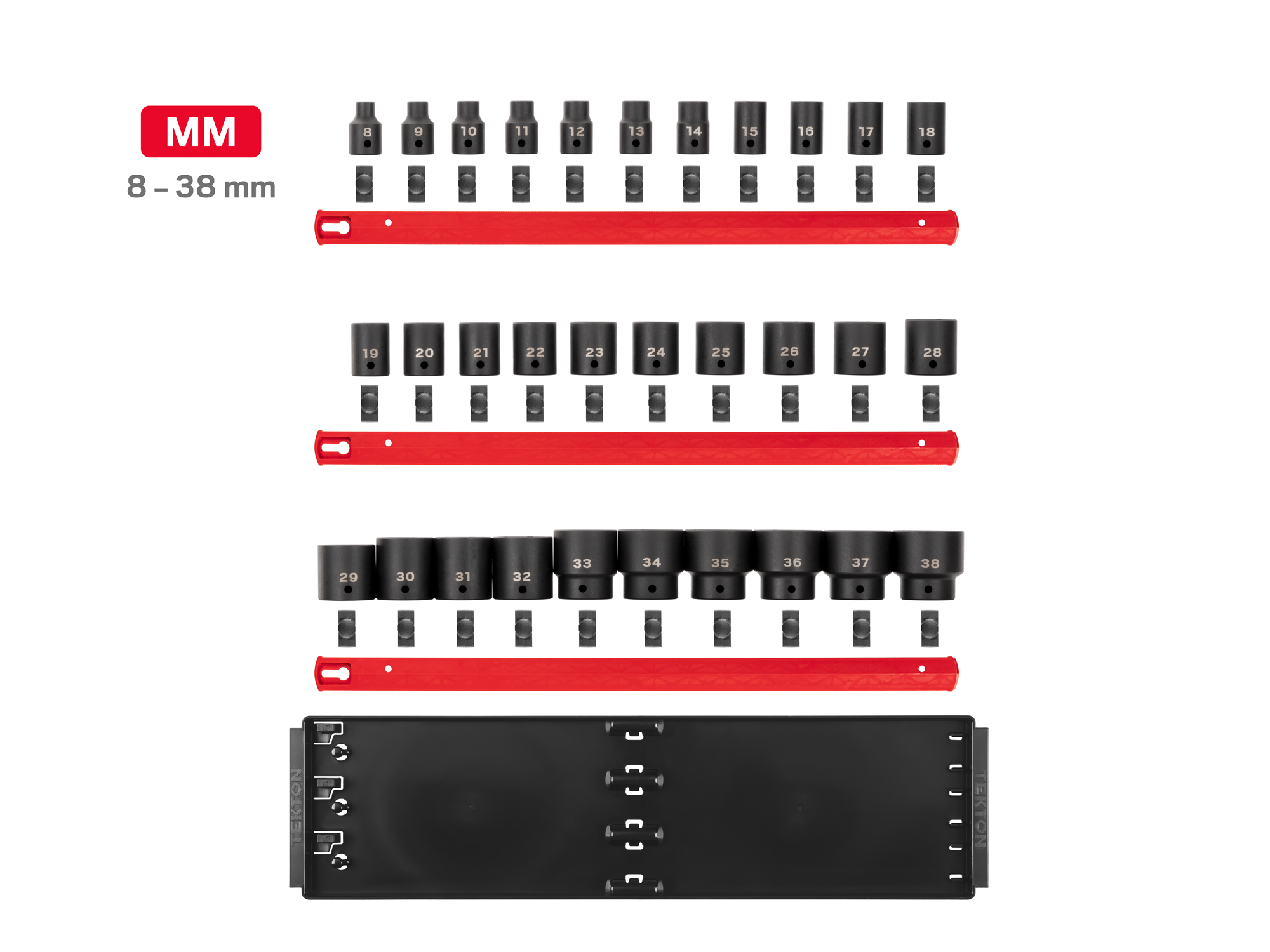 Includes 1/2 inch drive 6 point impact sockets: 8-38 mm (Metric) in standard length with rail and tray storage. No skipped sizes.