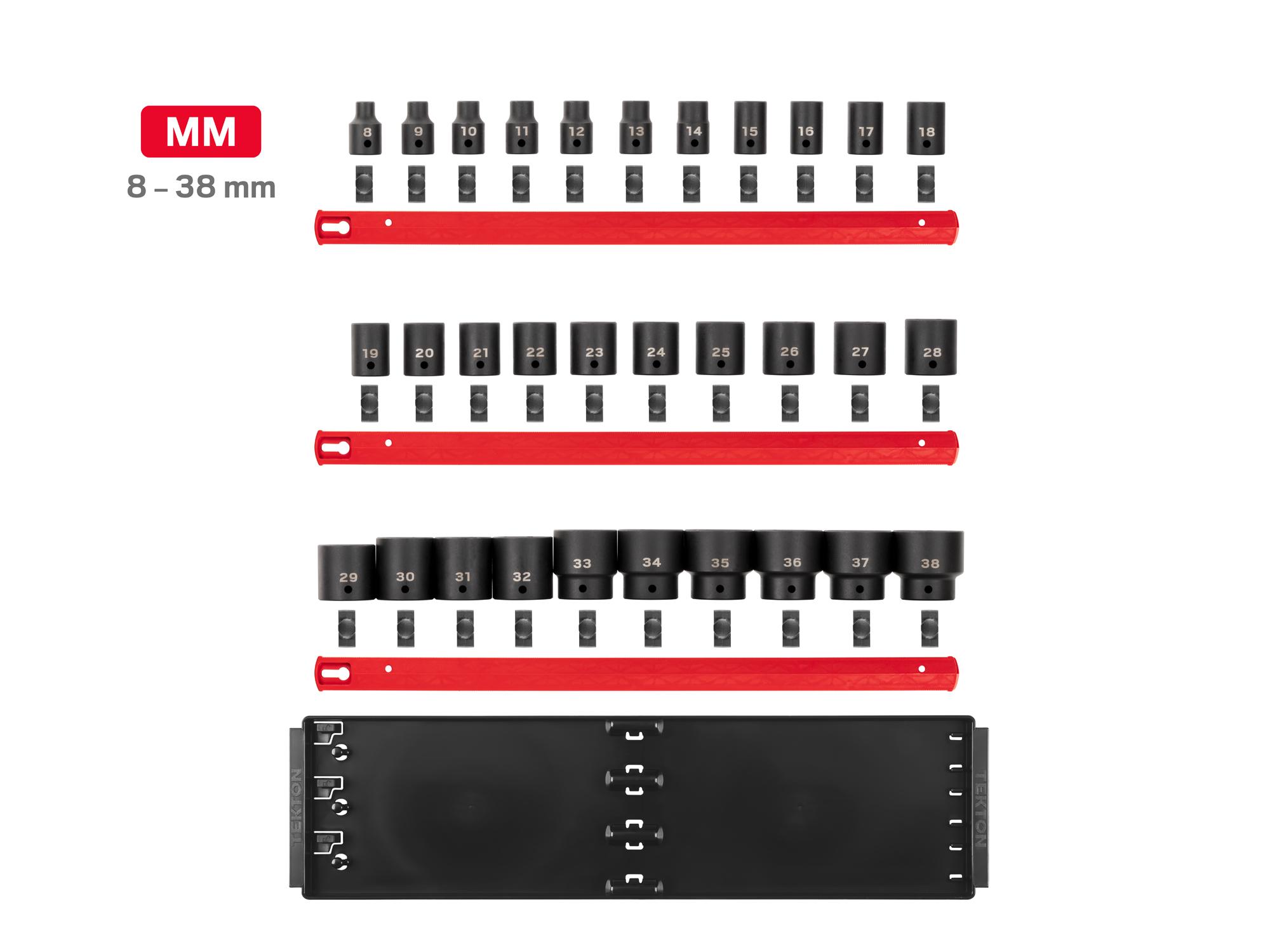 Laid out contents of Tekton rail impact drive 6-point socket set. Item #SID92104