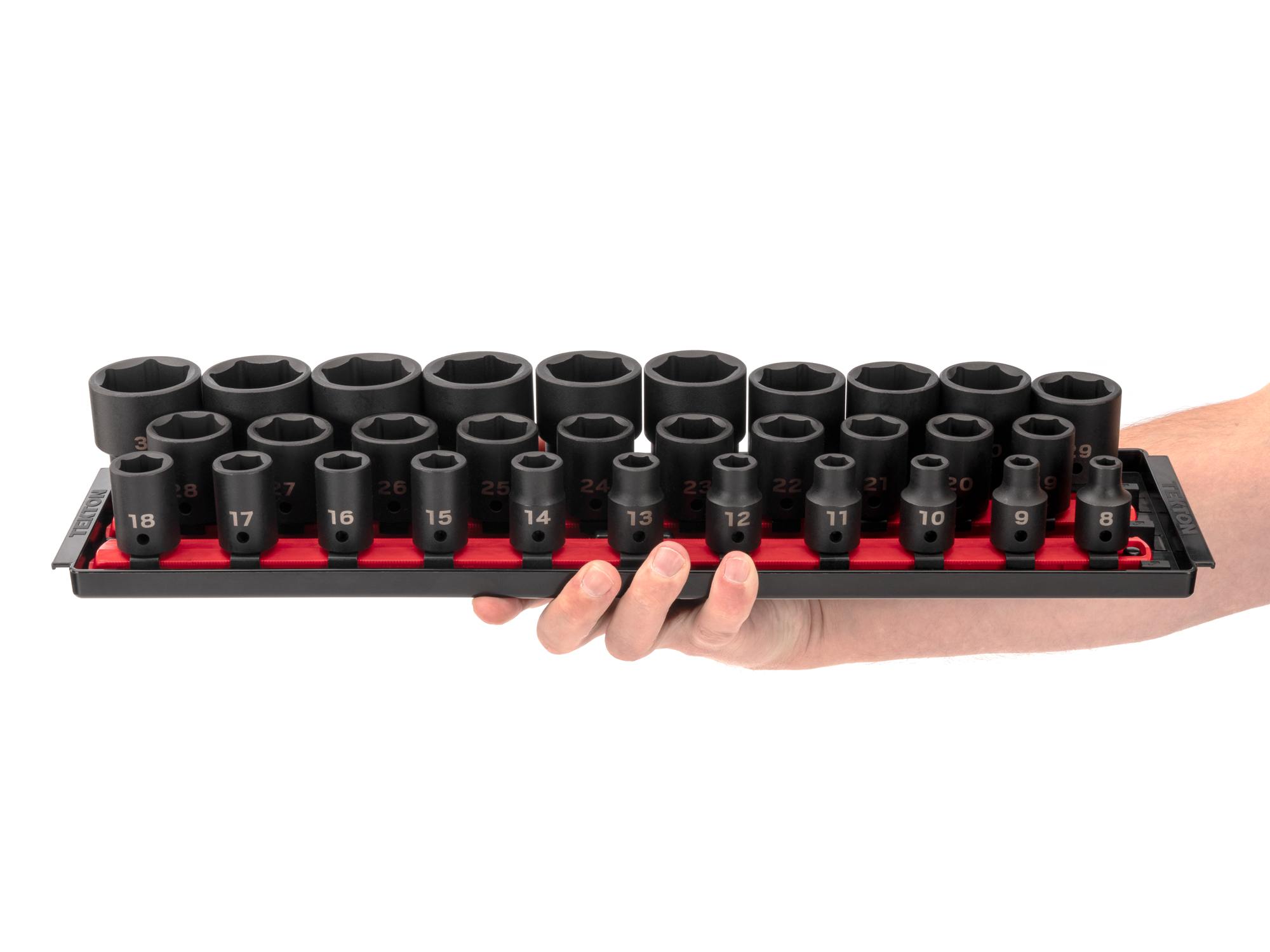 Includes 1/2 inch drive 6 point impact sockets: 8-38 mm (Metric) in standard length with rail and tray storage. No skipped sizes.