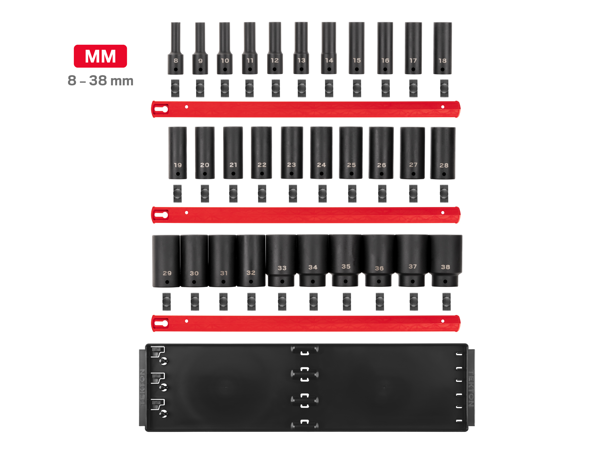 Includes 1/2 inch drive 6 point impact sockets: 8-38 mm (Metric) in deep length with rail and tray storage. No skipped sizes.