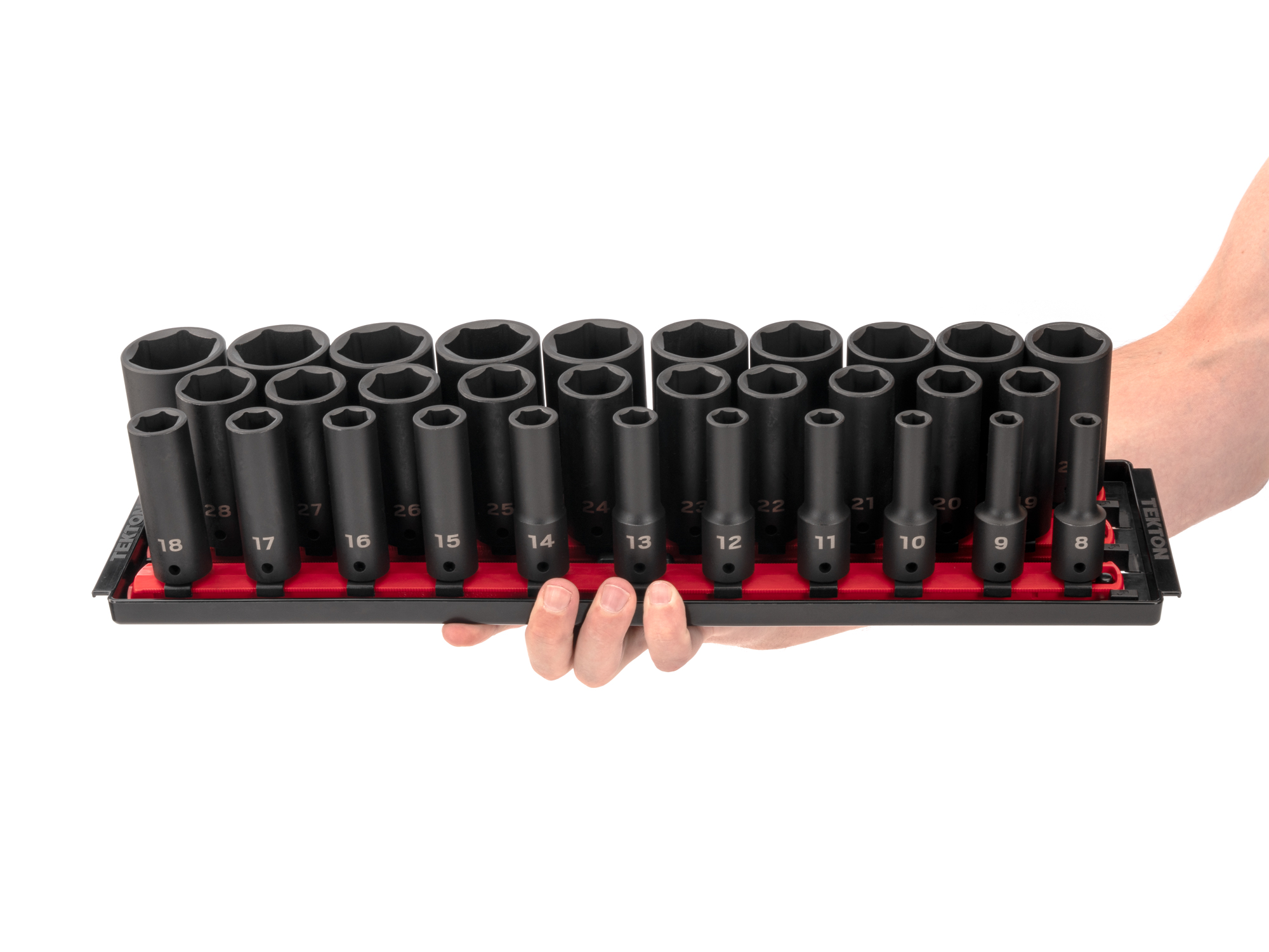 Includes 1/2 inch drive 6 point impact sockets: 8-38 mm (Metric) in deep length with rail and tray storage. No skipped sizes.