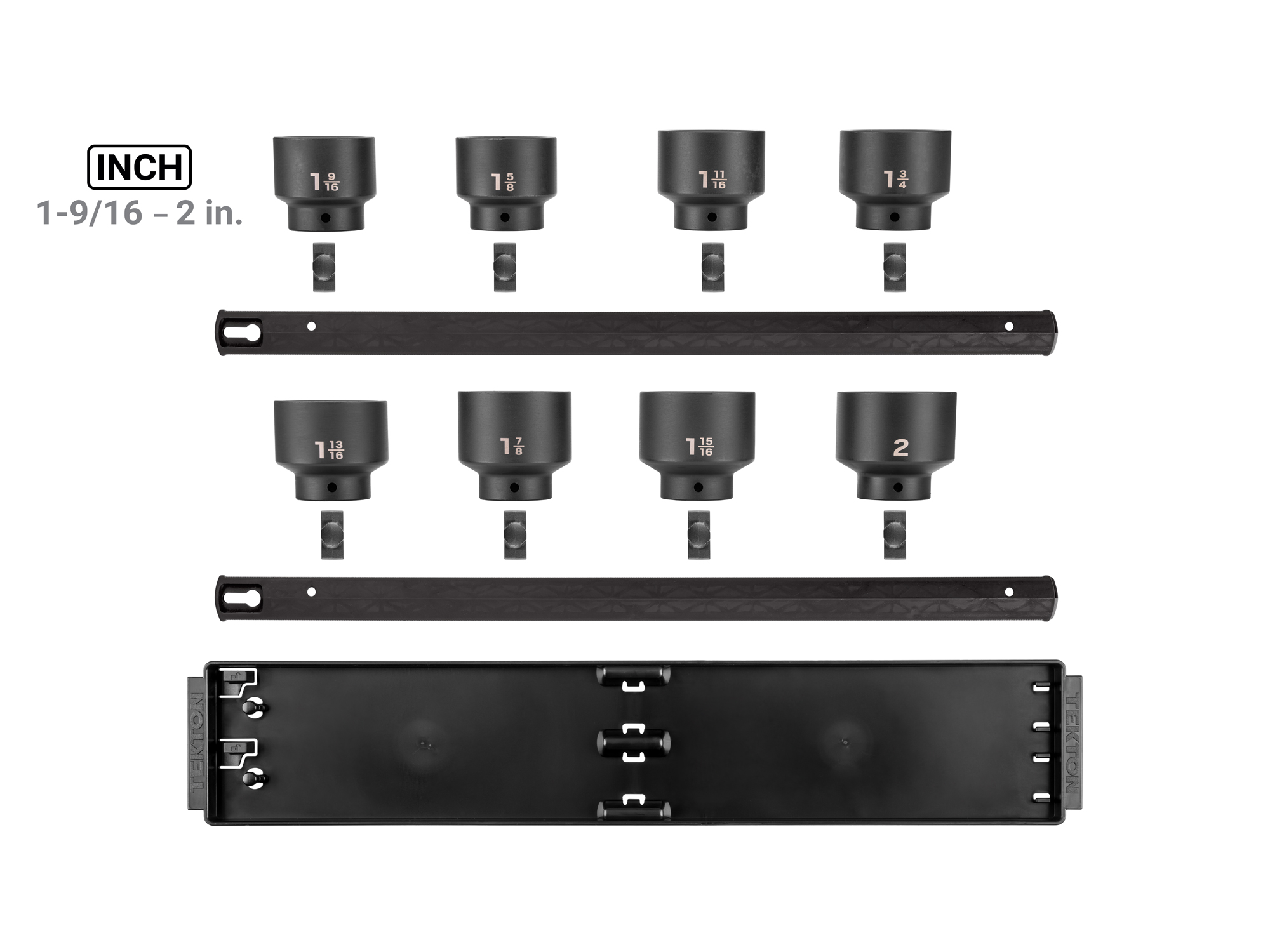Laid out contents of  Tekton rail and tray impact drive 6-point socket set. Item #SID92106