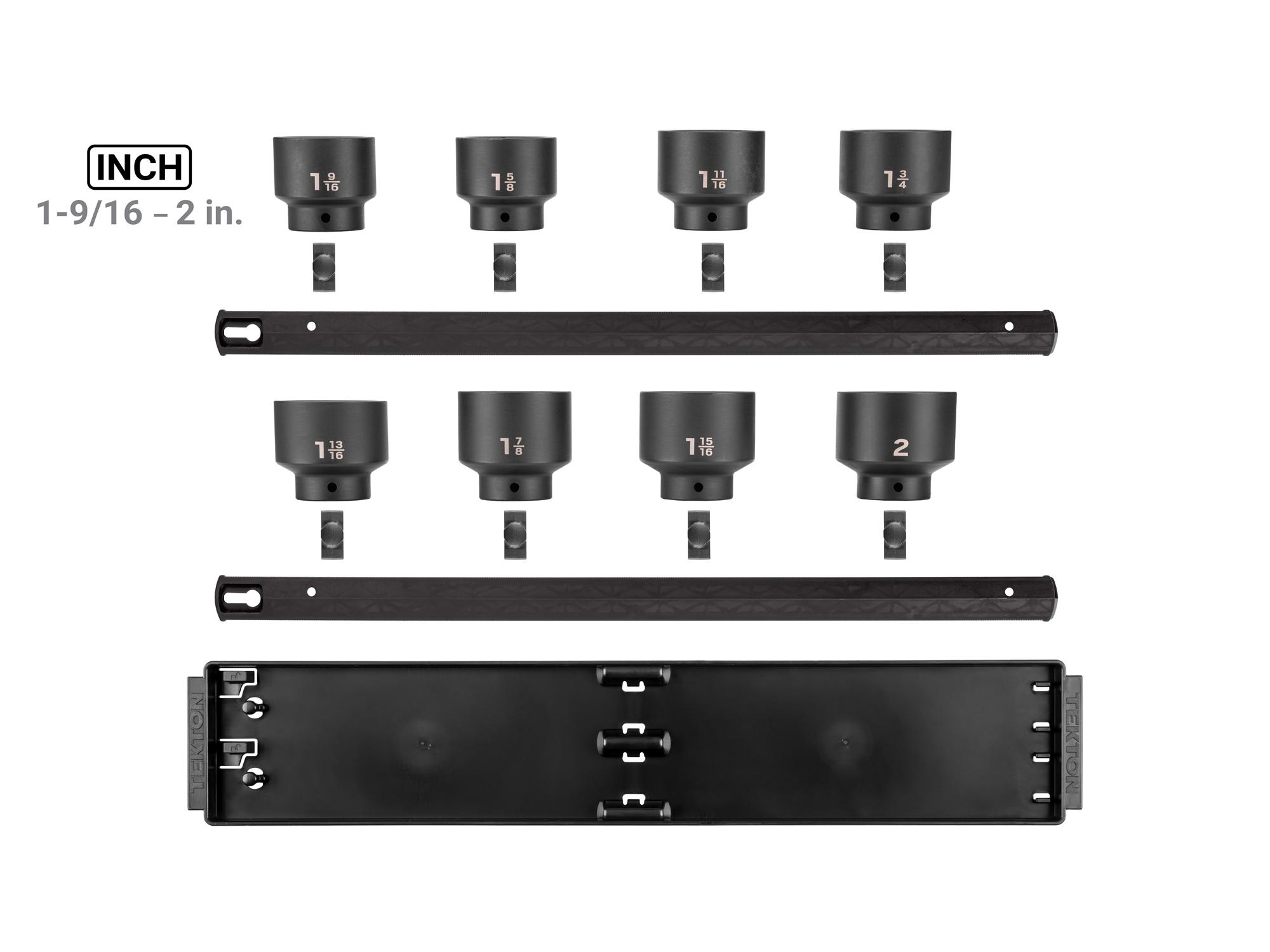 Laid out contents of Tekton rail and tray impact drive 6-point socket set. Item #SID92106