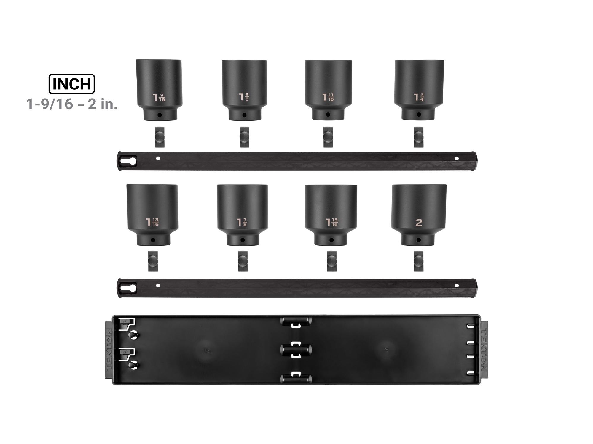 Laid out contents of  Tekton rail and tray impact drive 6-point socket set. Item #SID92107