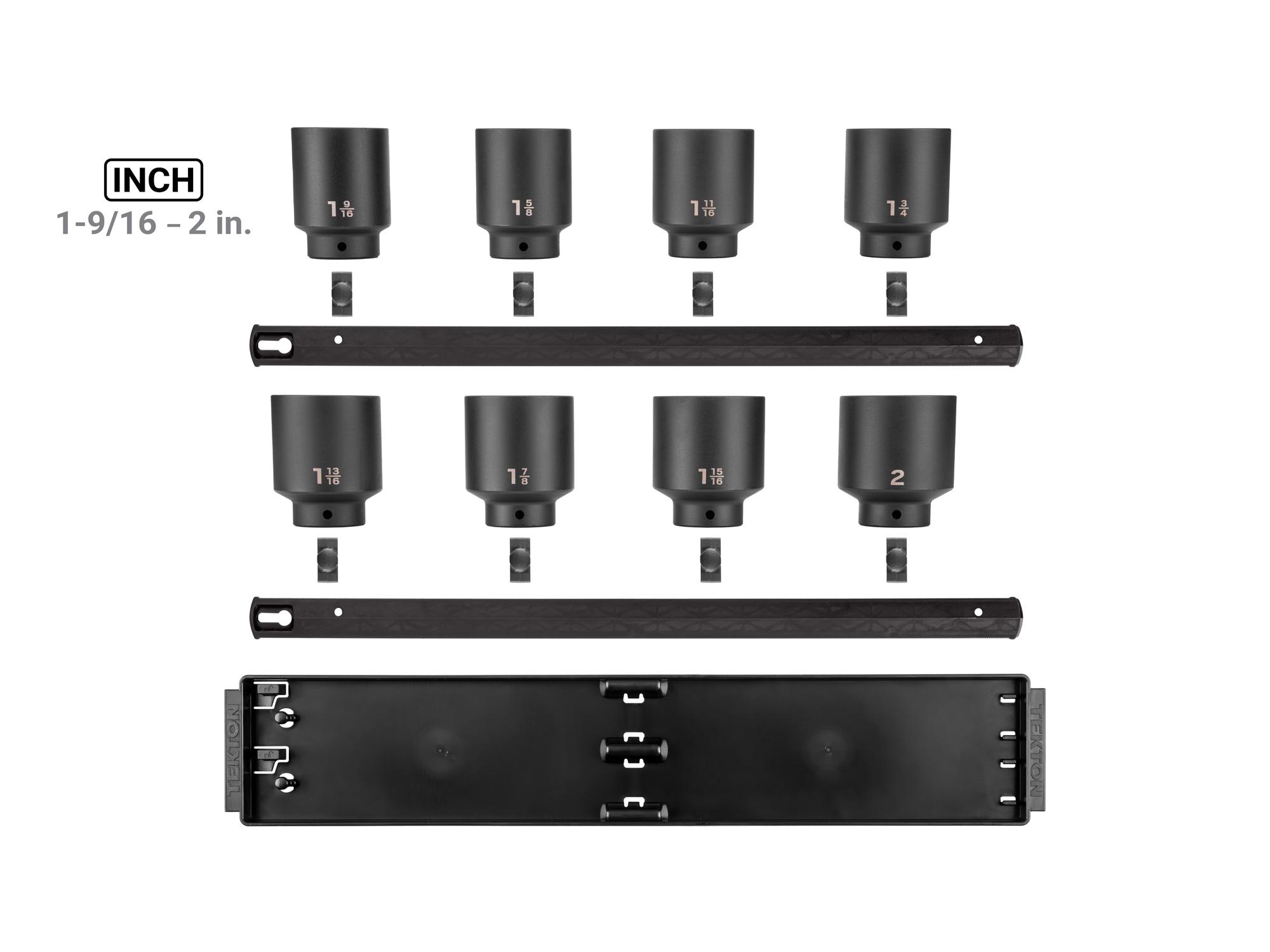 Laid out contents of Tekton rail and tray impact drive 6-point socket set. Item #SID92107