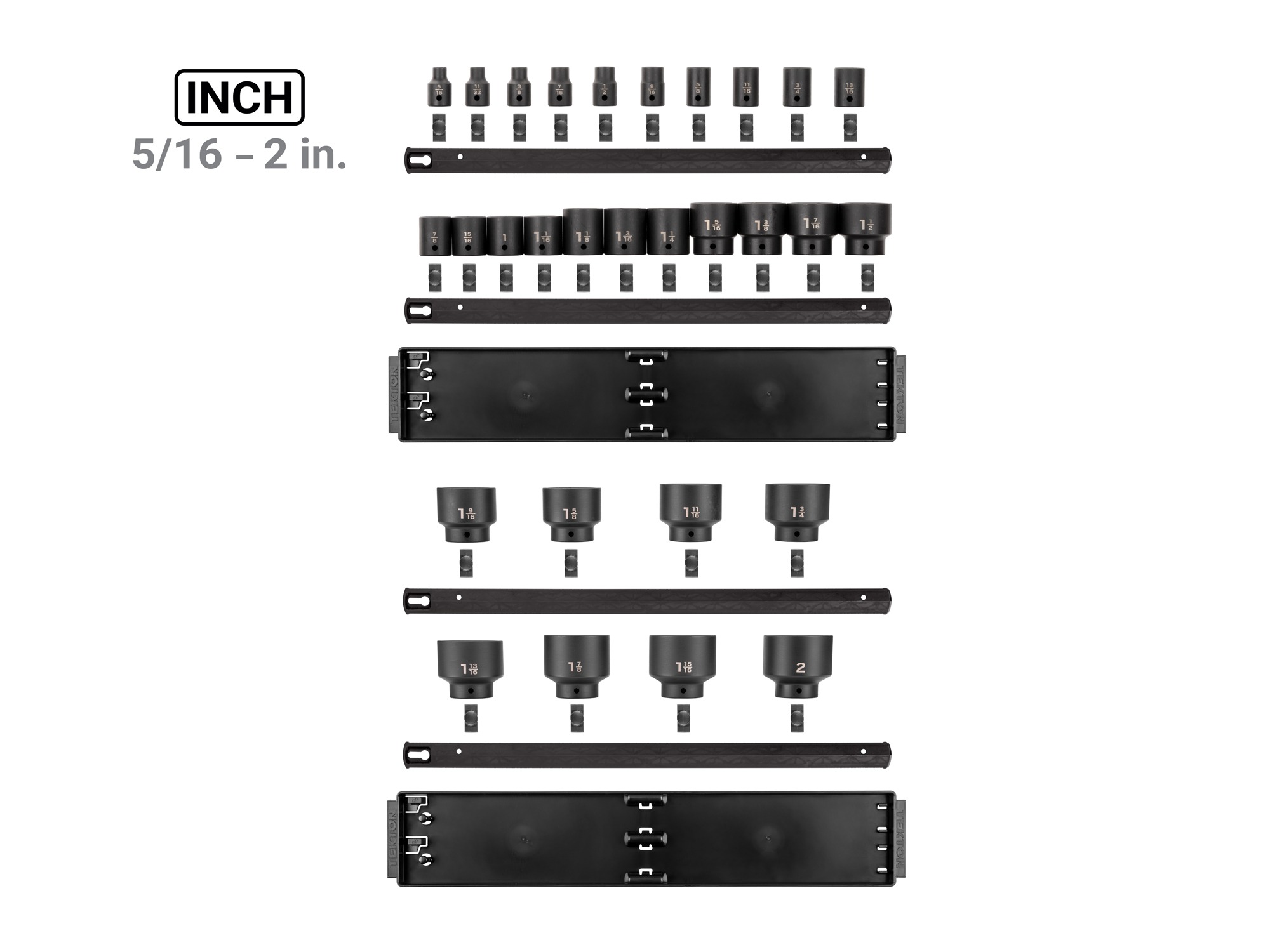 Laid out contents of  Tekton rail and tray impact drive 6-point socket set. Item #SID92108
